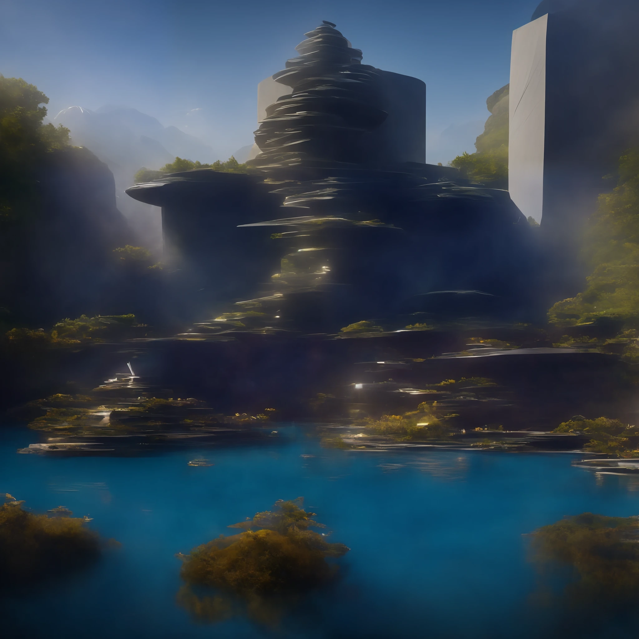 a modern futuristic design large hindu temple with lots of Bell's, sacred design in the rocks, a artificial waterfall and a pond with colorful flowers in the middle, nature meets architecture, built around blue pond, realistic beehive architecture, organic architecture, very close to real nature, breathtaking render, temple with cave, stunning architecture, luxury architecture, realistic fantasy render, by Zha Shibiao, epic and stunning, architectural visualization, epic architecture, concept art. 8 k