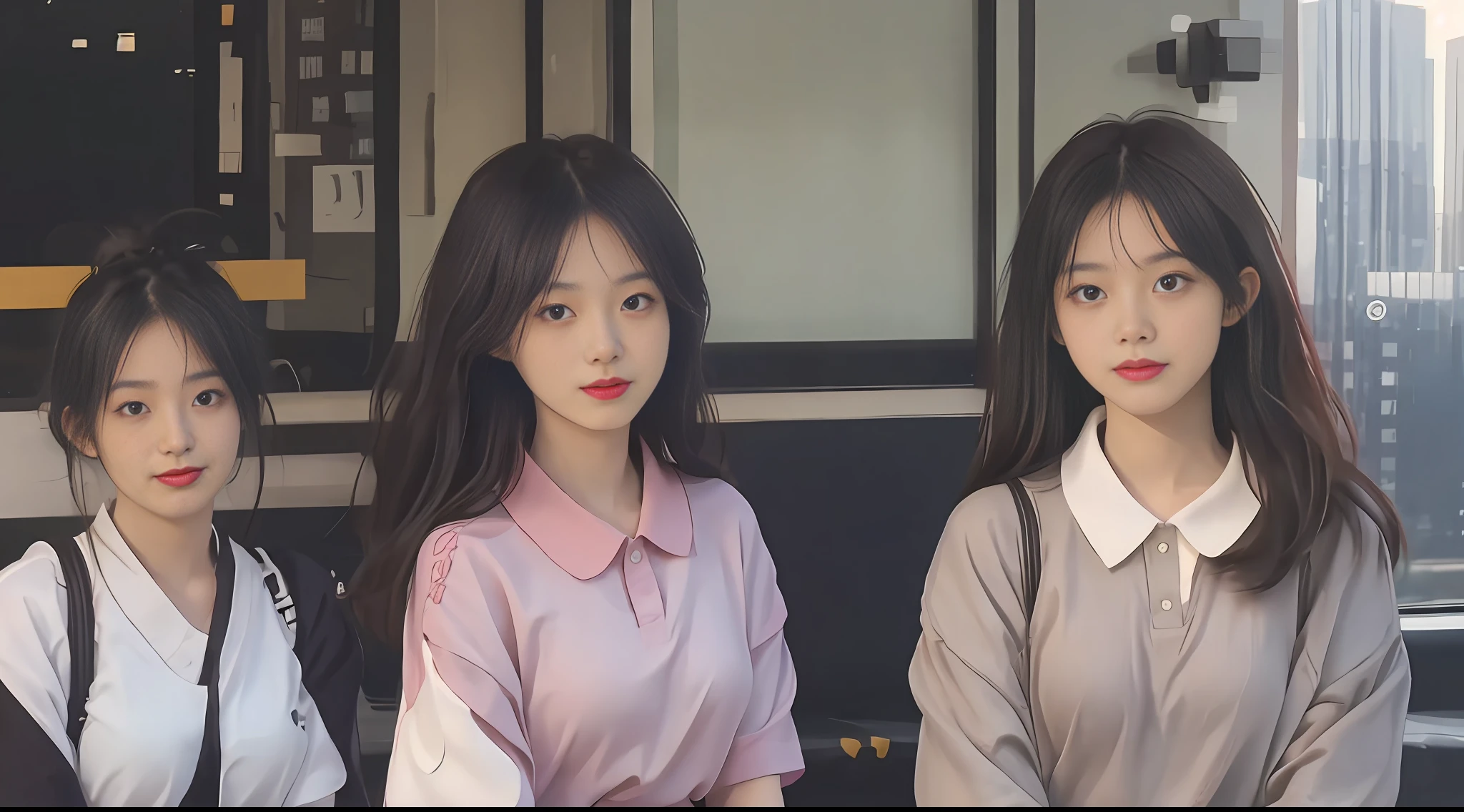 (pleated skirt: 1.2 + Japanese uniform: 1.1+ high-rise building), (masterpiece, highest quality, HD full picture: 1.2), (Happy two beautiful girls, two normal busts, one wearing (AT letter logo) white polo shirt, one wearing a Japanese student uniform, outside the window (cyberpunk high-rise city view), morning sunlight shining through the window, details depicted