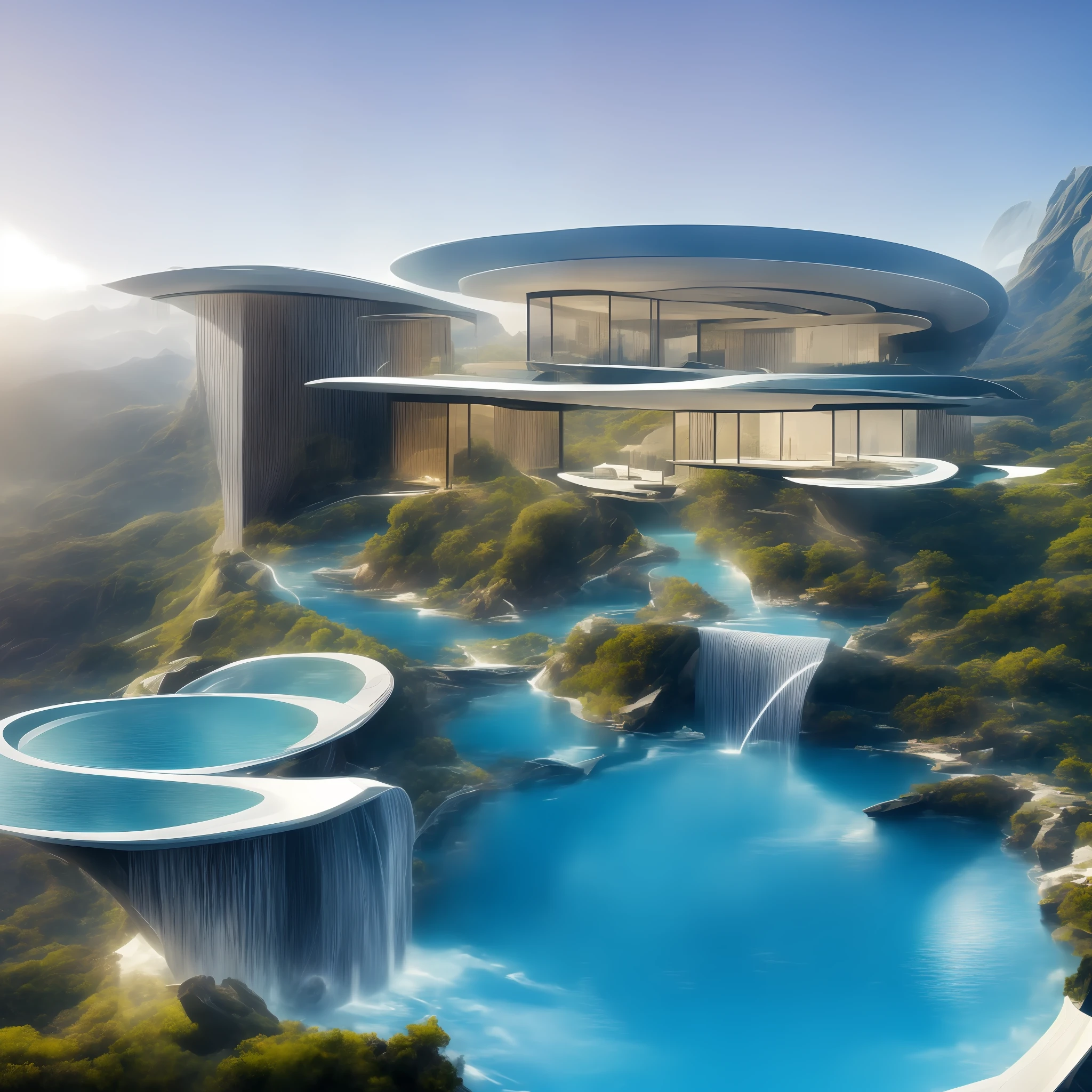 a modern futuristic design large cliff House's with a artificial waterfall and a pool in the middle, nature meets architecture, built around blue ocean, realistic beehive architecture, organic architecture, very close to real nature, breathtaking render, island with cave, stunning architecture, luxury architecture, realistic fantasy render, by Zha Shibiao, epic and stunning, architectural visualization, epic architecture, concept art. 8 k