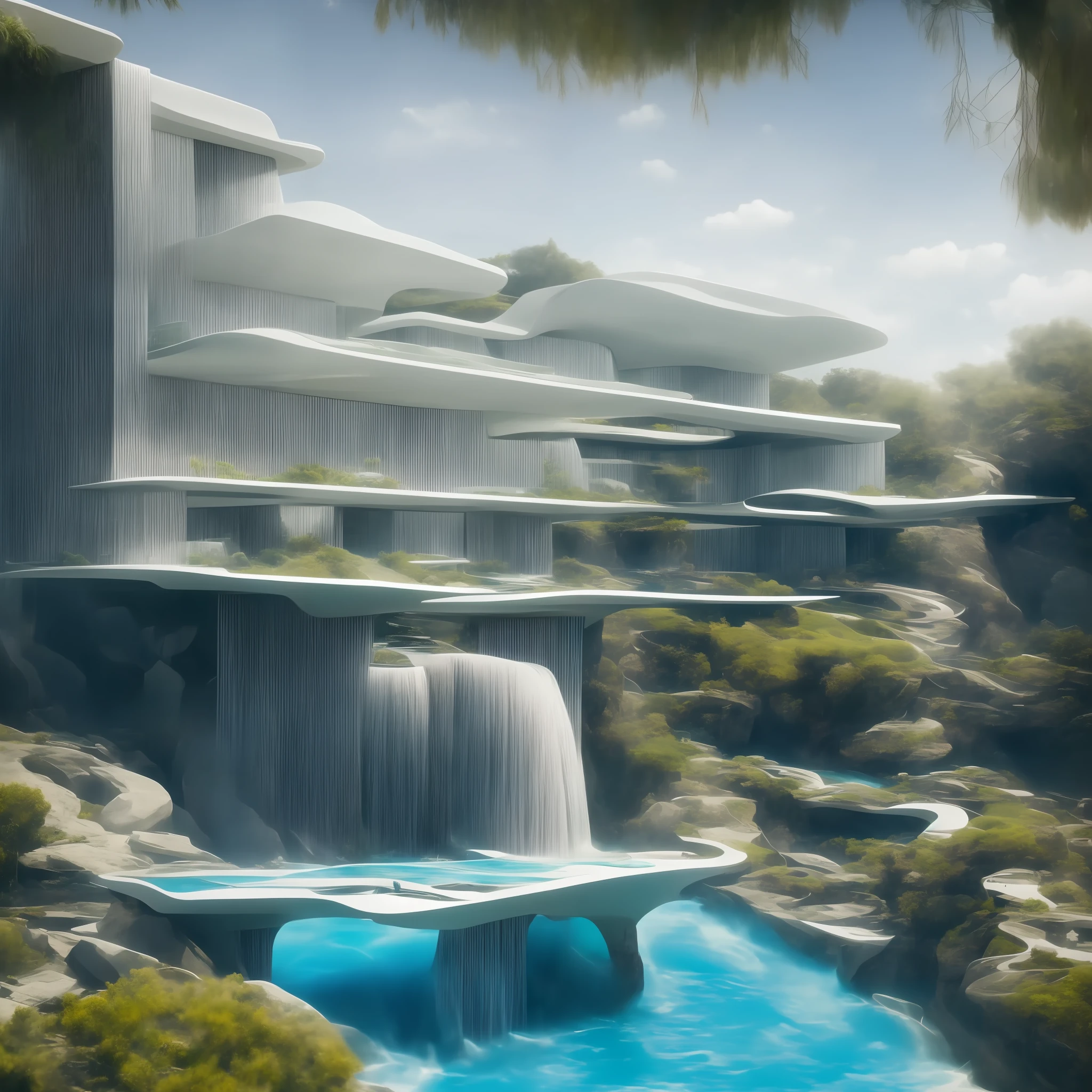 a modern futuristic design large cliff House's with a artificial waterfall and a pool in the middle, nature meets architecture, built around blue ocean, realistic beehive architecture, organic architecture, very close to real nature, breathtaking render, island with cave, stunning architecture, luxury architecture, realistic fantasy render, by Zha Shibiao, epic and stunning, architectural visualization, epic architecture, concept art. 8 k