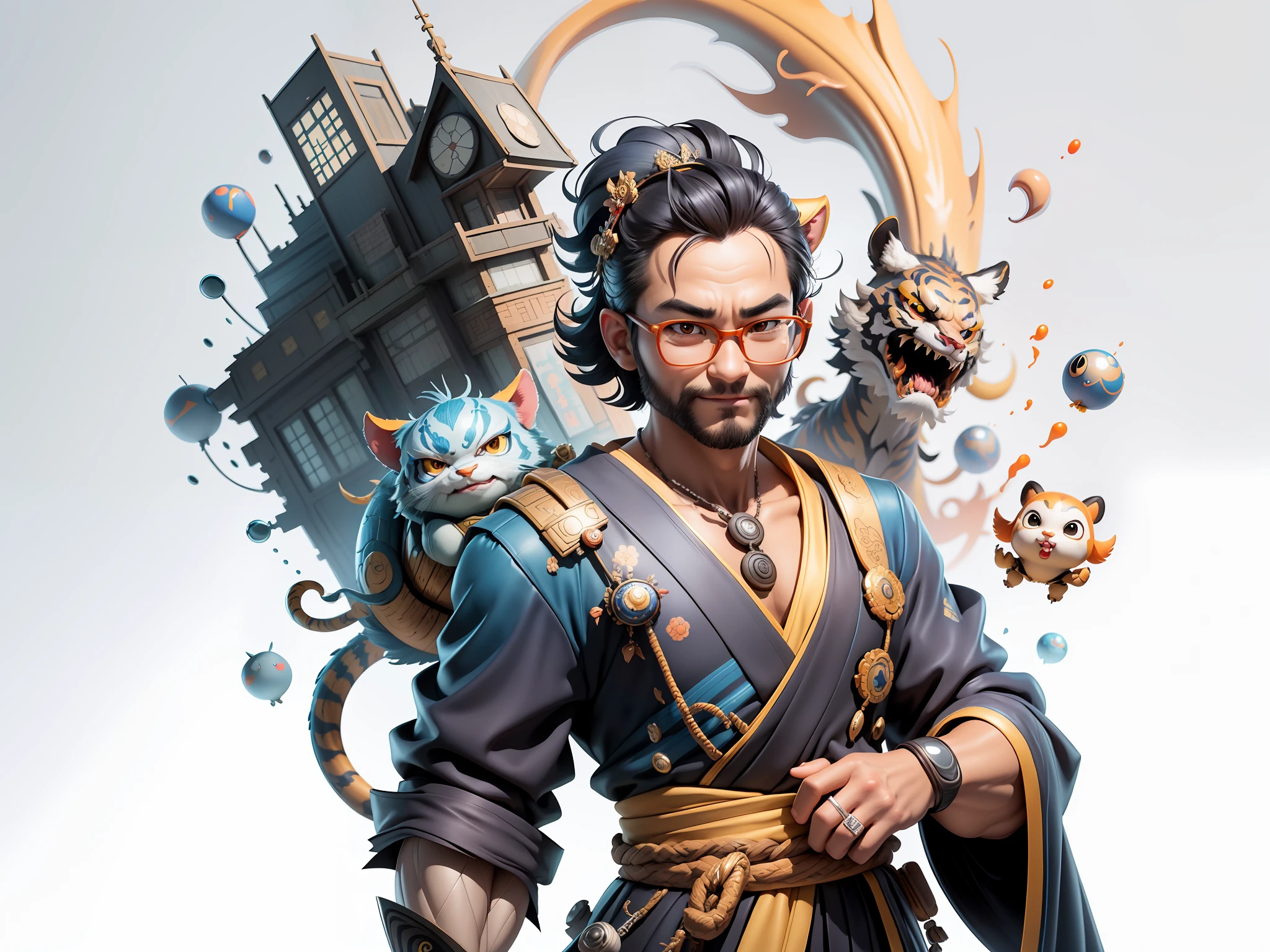 (Masterpiece), (Excellent), (Super Meticulous), (Full Body: 1.2), Super Young Man with Japanese Female Geisha, Pretty, Beautiful, Chinese Dragon, Tiger, Wind God Thor, Sexy, Bursting, Oriental Face, TV Anchor, Bust Portrait Illustration, Black Suit, Blue Tie, Slightly Chubby Face, Silver Glasses, Very Clean Face, No Beard on Chin, Black Super Short Hair, Black Eyes, Confident Smile, 3c Computer Sub-Products, iPad, iPhone, Digital Painting, 3D character design by Mark Clairedon and Pixar and Hayao Miyazaki and Akira Toriyama, the illustrations are HD illustrations in 4K resolution with highly detailed facial features and cartoon-style visuals.