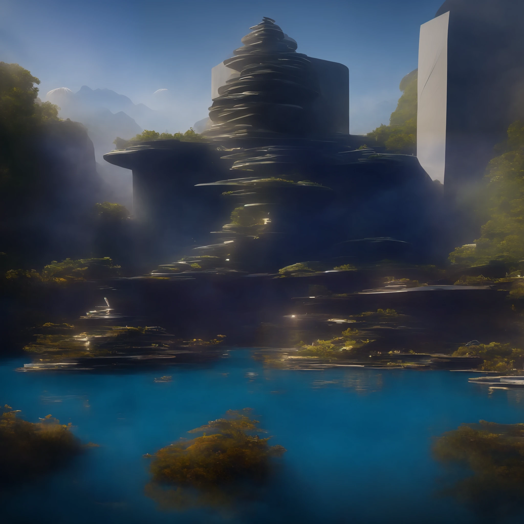 a modern futuristic design large hindu temple with lots of Bell's, sacred design in the rocks, a artificial waterfall and a pond with colorful flowers in the middle, nature meets architecture, built around blue pond, realistic beehive architecture, organic architecture, very close to real nature, breathtaking render, temple with cave, stunning architecture, luxury architecture, realistic fantasy render, by Zha Shibiao, epic and stunning, architectural visualization, epic architecture, concept art. 8 k