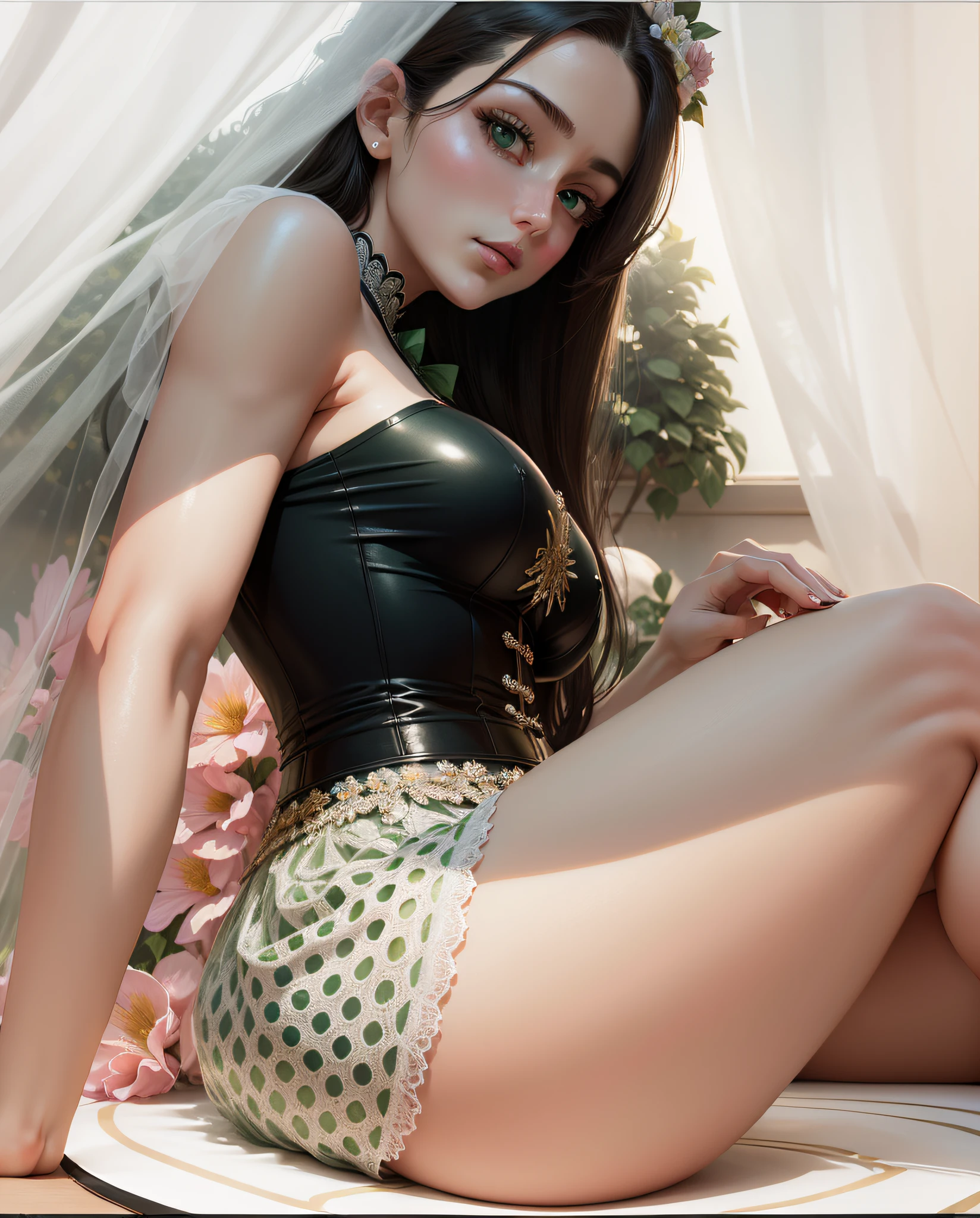 Art Deco, high detail, social realism, reflective light, flower, super detail, high details, high quality, 16k -- transparent skirt -- transparent blouse -- large breasts -- green eyes -- transparent skirt -- excited and hard breast nipple -- visible -- back woman looking forward -- shorter and more transparent skirt --auto --s2