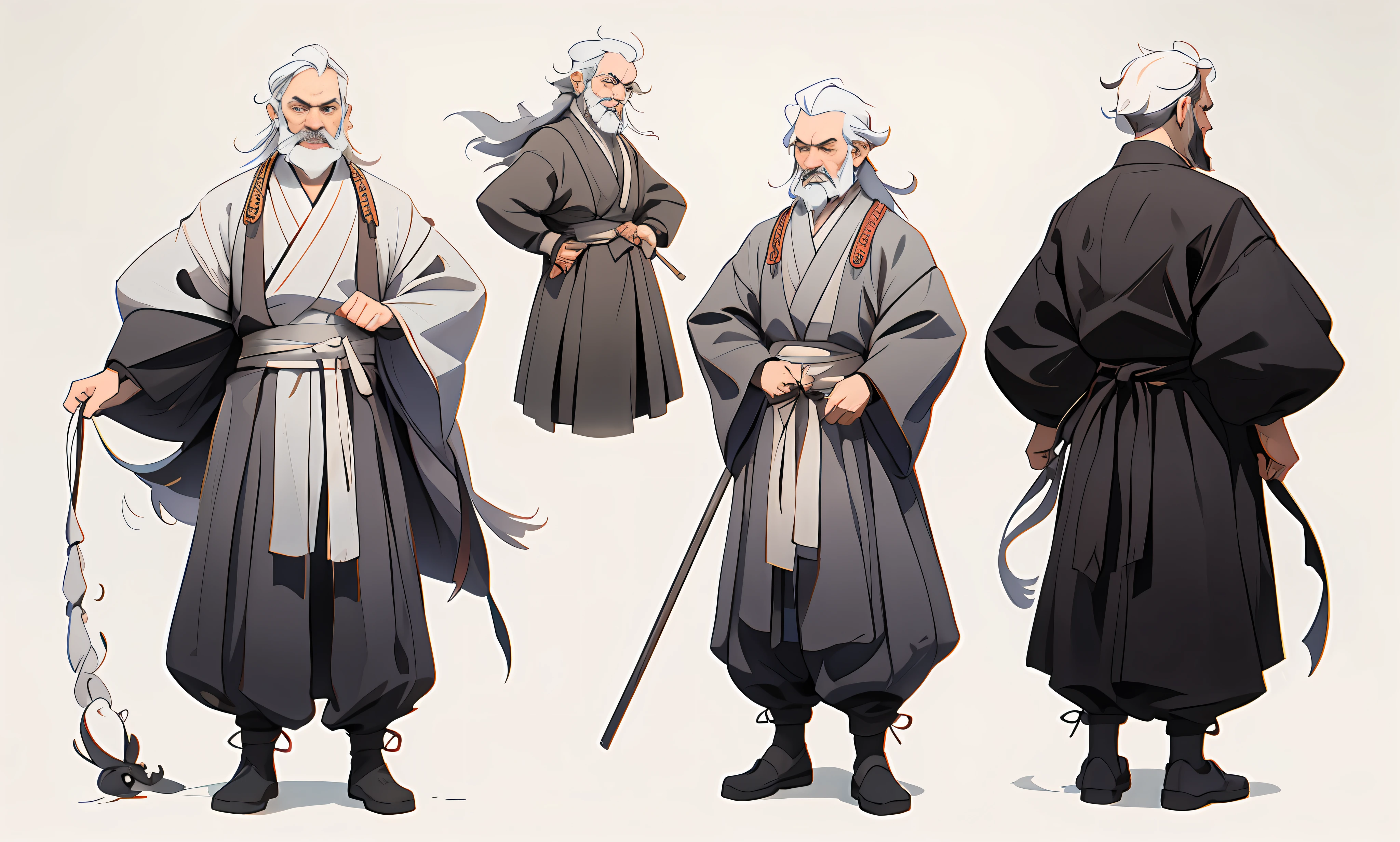 (Masterpiece, Best Quality: 1.2), Traditional Chinese Ink Painting, Ancient Chinese Clothing, 1 Man, Old Man, One Character, Taoist Priest, Gray Taoist Robe, Gray Clothes, Cloth Shoes, Long Robe, Long White Hair, Long Beard, White Beard, Old Man: 1.5, Simple Background, White Background: 1.5, White Background, Setting Diagram, Three View, People Diagram, Reference Table, Multi-View, Three-sided View, Three-sided View (Side View, Front View, Front View, Back View), Front View, Standing Posture, Classical Painting, Chinese Painting Style, Full body, standing, old man, gray hair, wise man, Guvitz on ArtStation Pixiv, Guvez on Pixiv art station