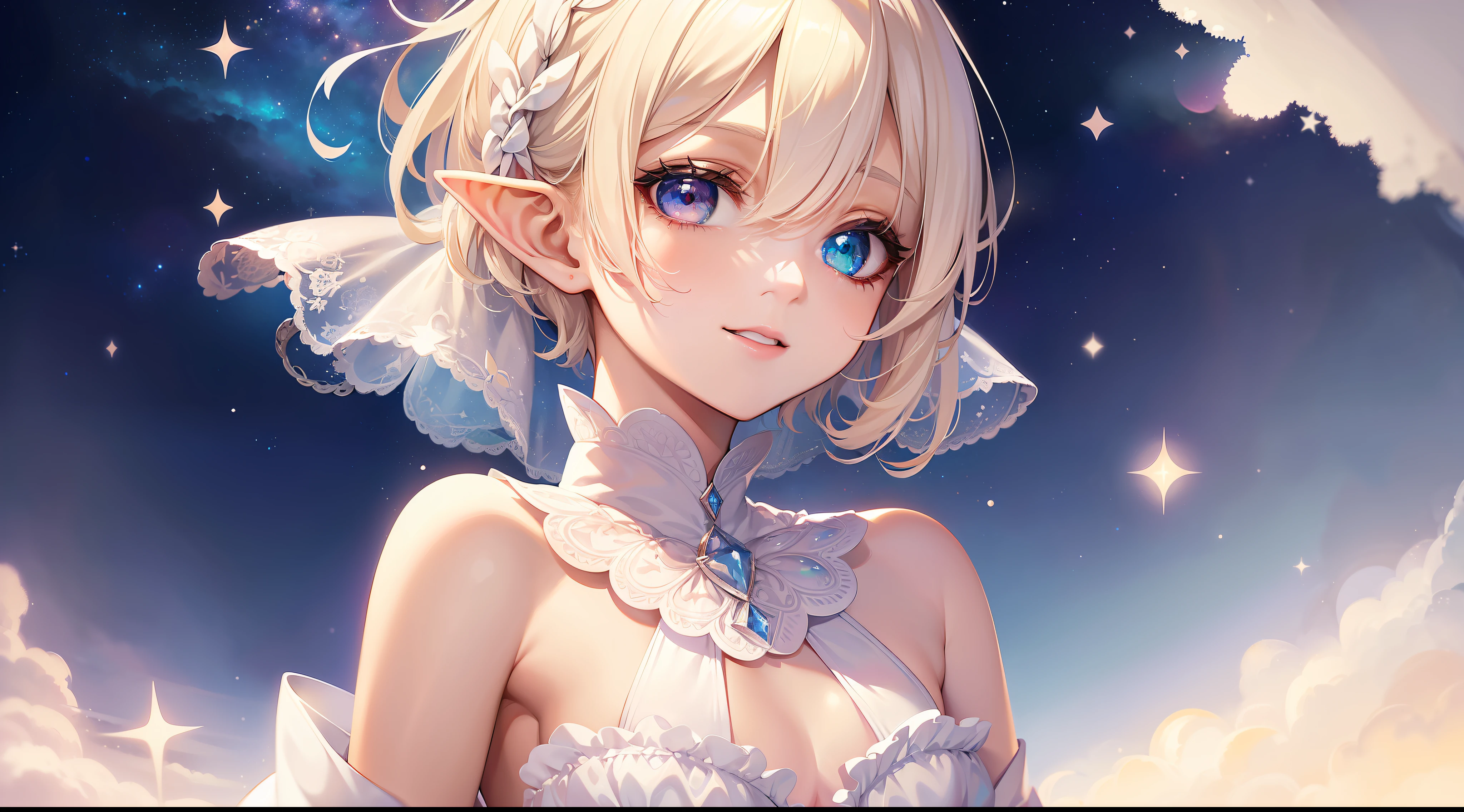 (masterpiece, top quality, super high quality), beautiful starry sky background, one, beautiful elf girl, kind-hearted princess, (slender), (slender), ((very small breasts)), platinum blonde short hair, gradient hair, (heterochromia), beautiful detail eyes, pale orange, white, white halter neck, whitish clothes, bow, frill, smile that wants to protect