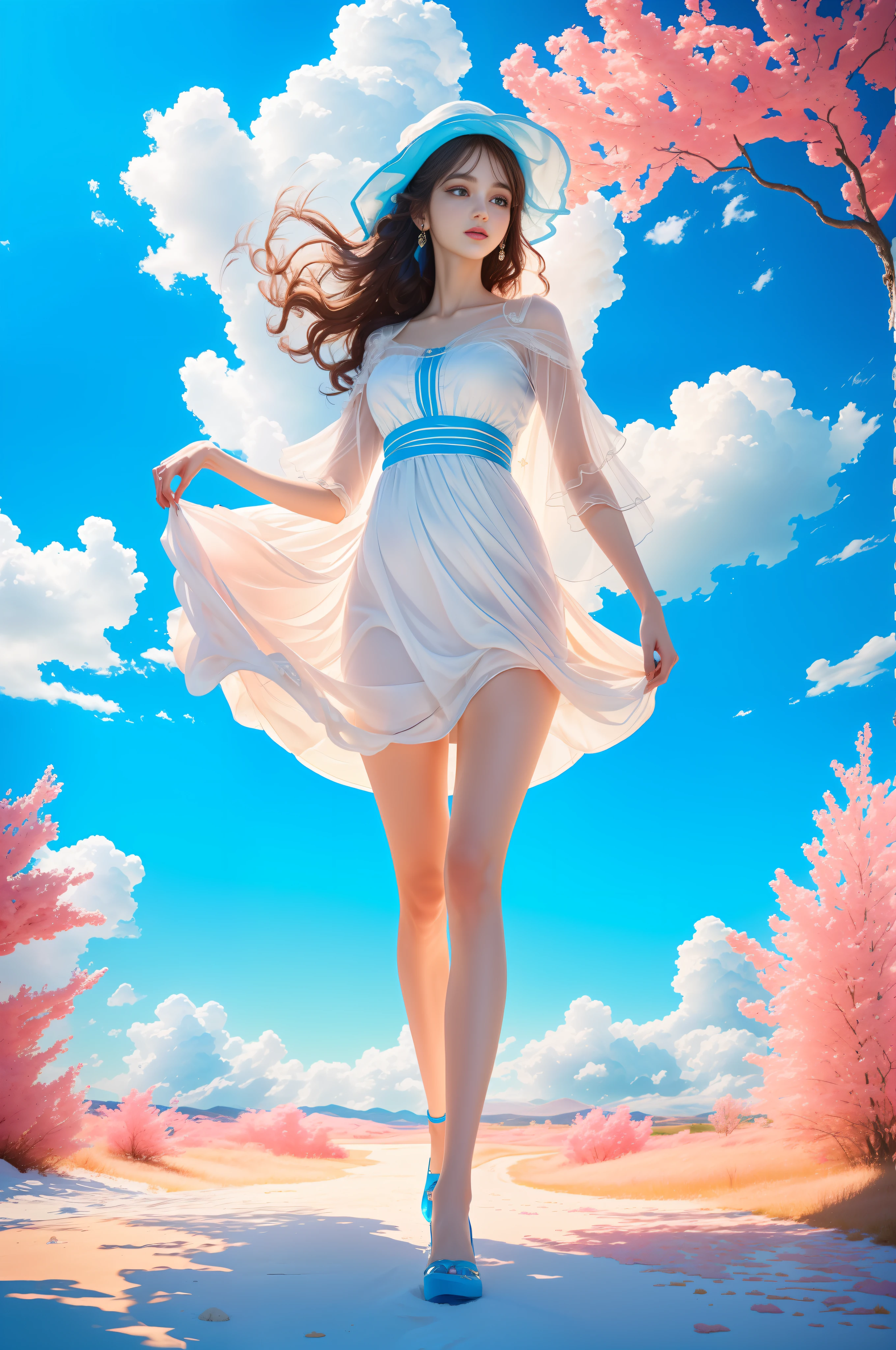 (8k, RAW photo, photorealistic:1.25, Masterpiece) ,( lip gloss, eyelashes, glossy side, shiny skin, best quality, ultra-high resolution, depth of field, chromatic aberration, caustic, wide light, natural shadow, headwear, Kpop idol) ,light pink and blue style, 1girl, (blue sky: 1.5), tall and thin beauty goddess, flowing dress, conservative girl, cloud goddess, flowing white fabric, Wearing a flowing dress, realistic, (background with blue sky and white clouds: 1.4), (wind: 1.5), (full body: 1.5), add_detail,