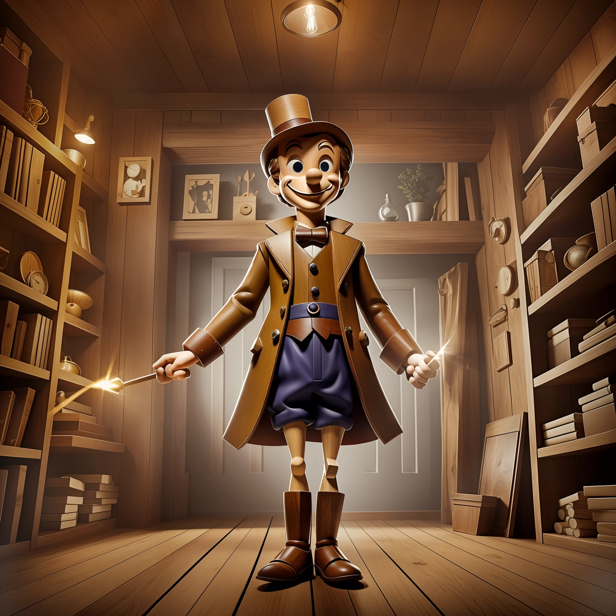 It creates an image of Pinocchio in its wooden form with articulable body appearing in a frontal manner in the center of the scene, full body in the center of the scene. The lighting is the central point, highlighting each detail in a very well defined texture. The background is a soft blur, with a hint of rustic wood. The scene is quite charming, creating a magical and cheerful environment for the character.
