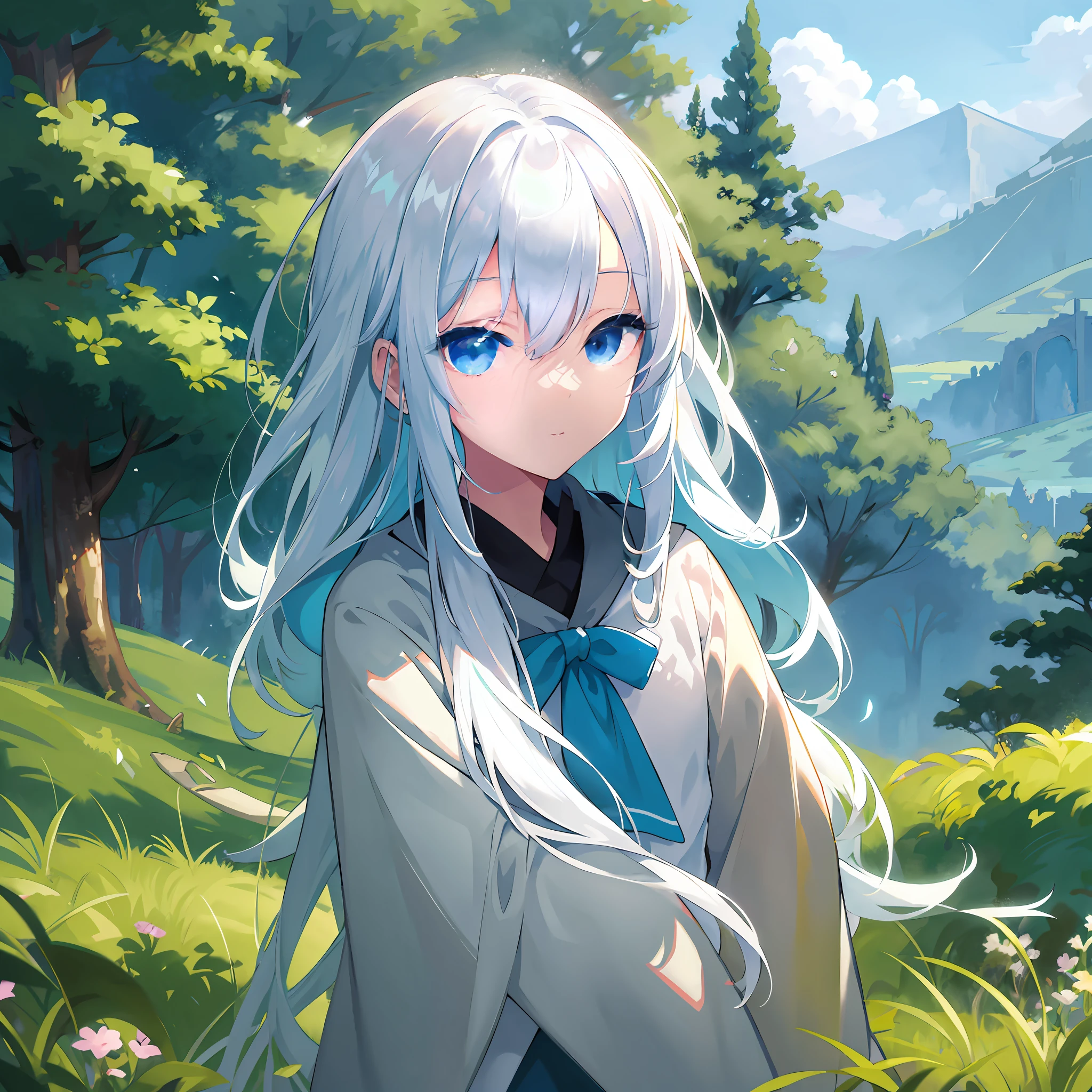 anime girl with blue eyes and white hair in a field, digital anime illustration, detailed digital anime art, anime style 4 k, white haired deity, digital anime art, beautiful anime portrait, girl with white hair, anime art wallpaper 8 k, anime styled digital art, perfect white haired girl, anime art wallpaper 4 k, anime art wallpaper 4k, white haired