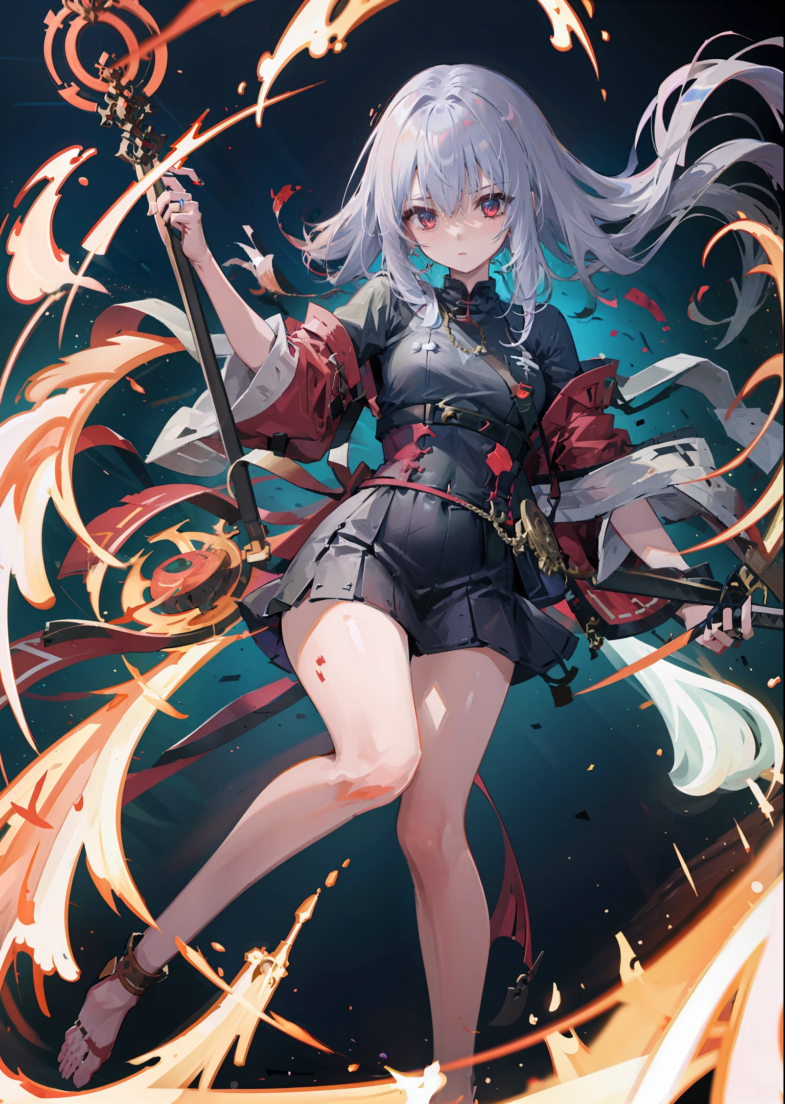 Handheld weapon The body is stone, the weapon is a red slender sword, the head is a ring, there is no human shape, and the background is a lava field