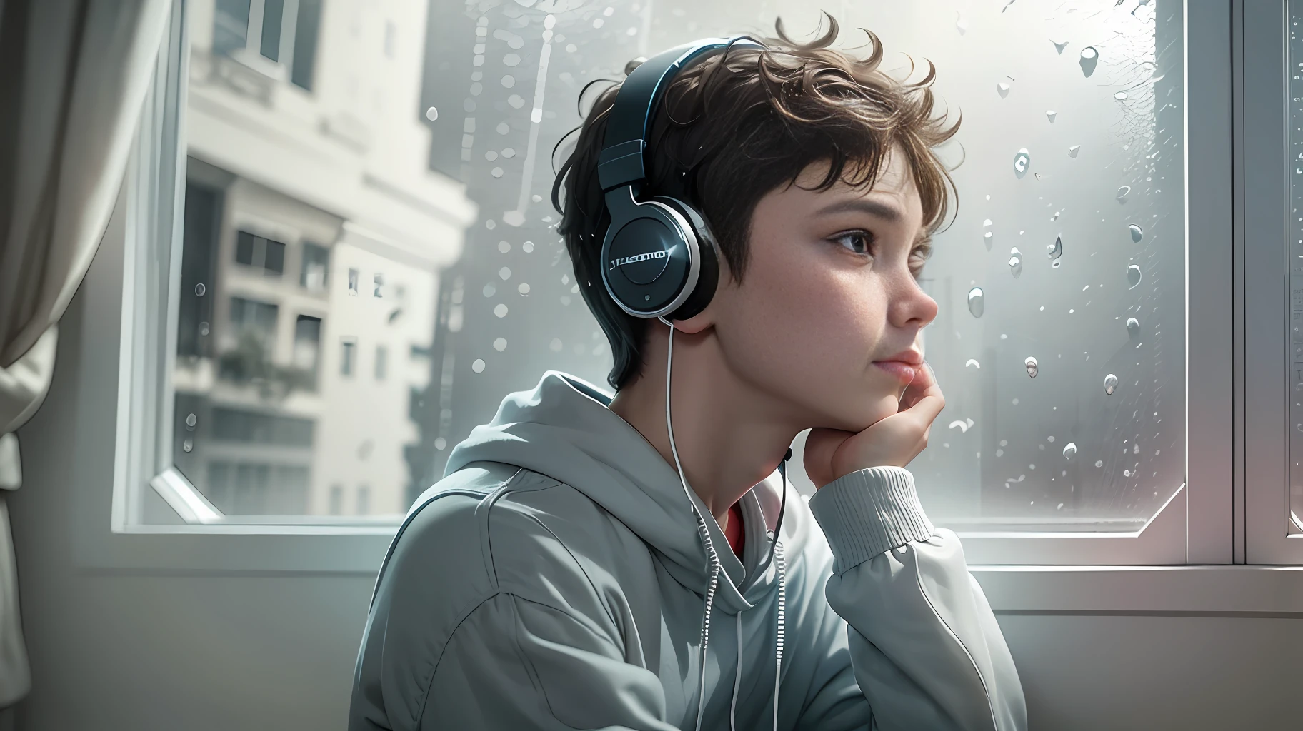 Boy in room listening to music with headset watching the rain out the window --auto --s2