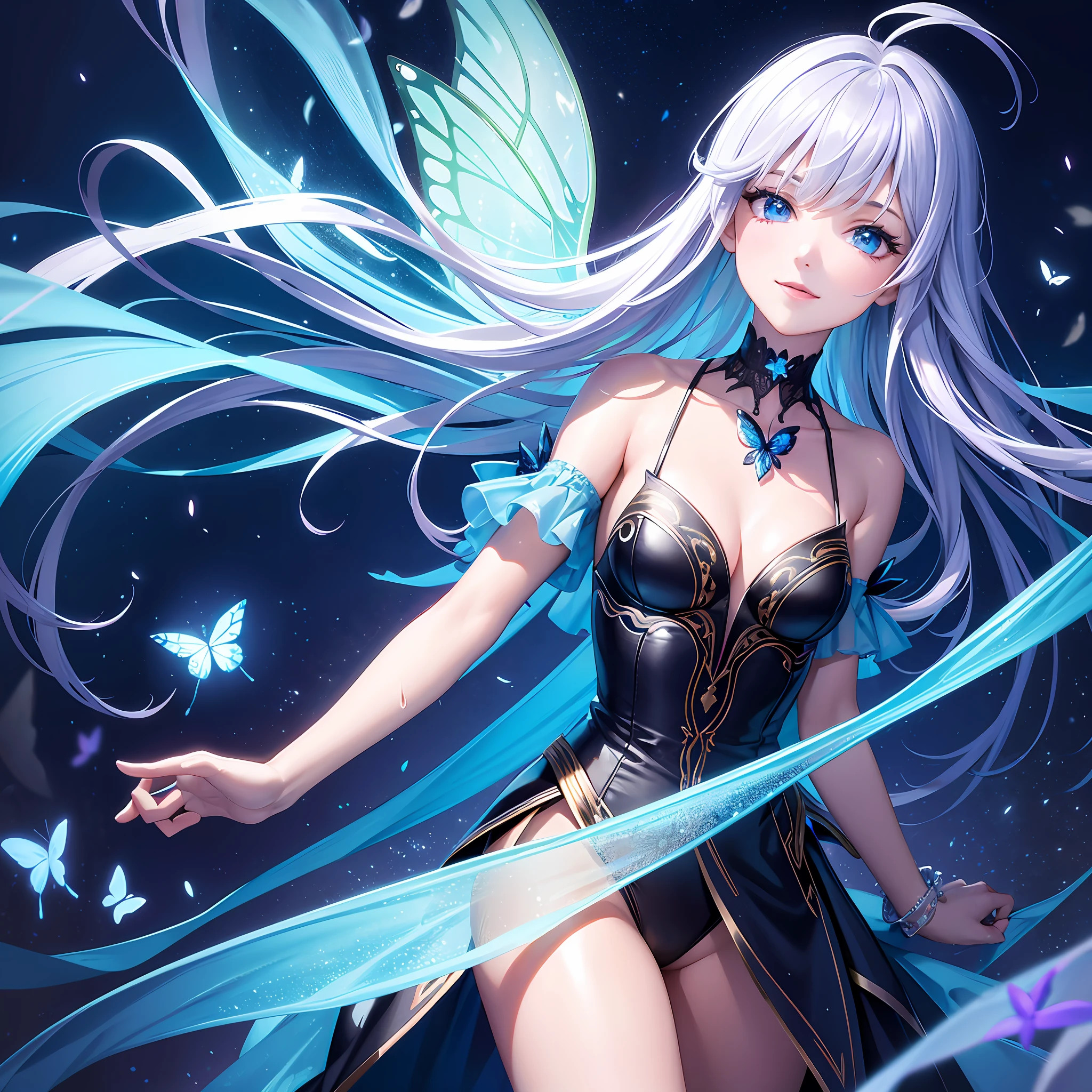 Illustration, cinematic light, high resolution, best quality, super detailed, detailed face, (detailed eyes), highest quality, super detail, masterpiece, (detailed face), pretty face, beautiful smile, sexy mature woman transparent (torn) cloth, floating cloth, goth loli, choker, open cloth, NSFW, high heels, blue eyes, neon small shining hair edges, AI fantasy concert, outdoor live, Glowing professional lighting with neon details, idle, (portal: 1.15) on the background audience seat, reflection of light, heart-shaped iris, playful eyes, open shoulders, (wet body), small glowing butterfly, hair jewelry