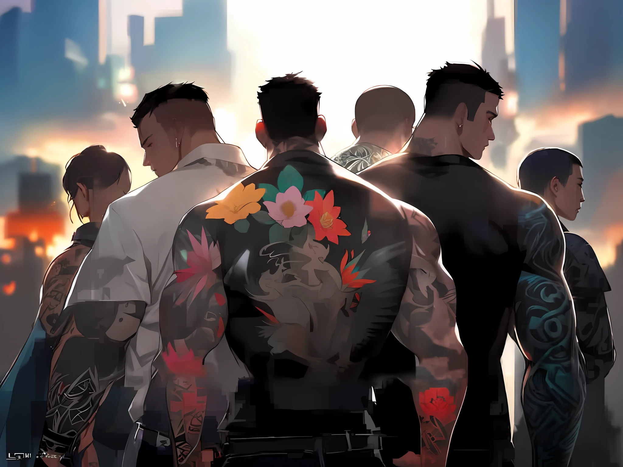 there are many people standing together with tattoos on their back, ross tran style, inspired by Ross Tran, ross tran and bayard wu, ross tran 8 k, yakuza tattoo on body, in the style of ross tran, rob rey and kentaro miura style, rossdraws 1. 0, rossdraws global illumination, ross tran!!!