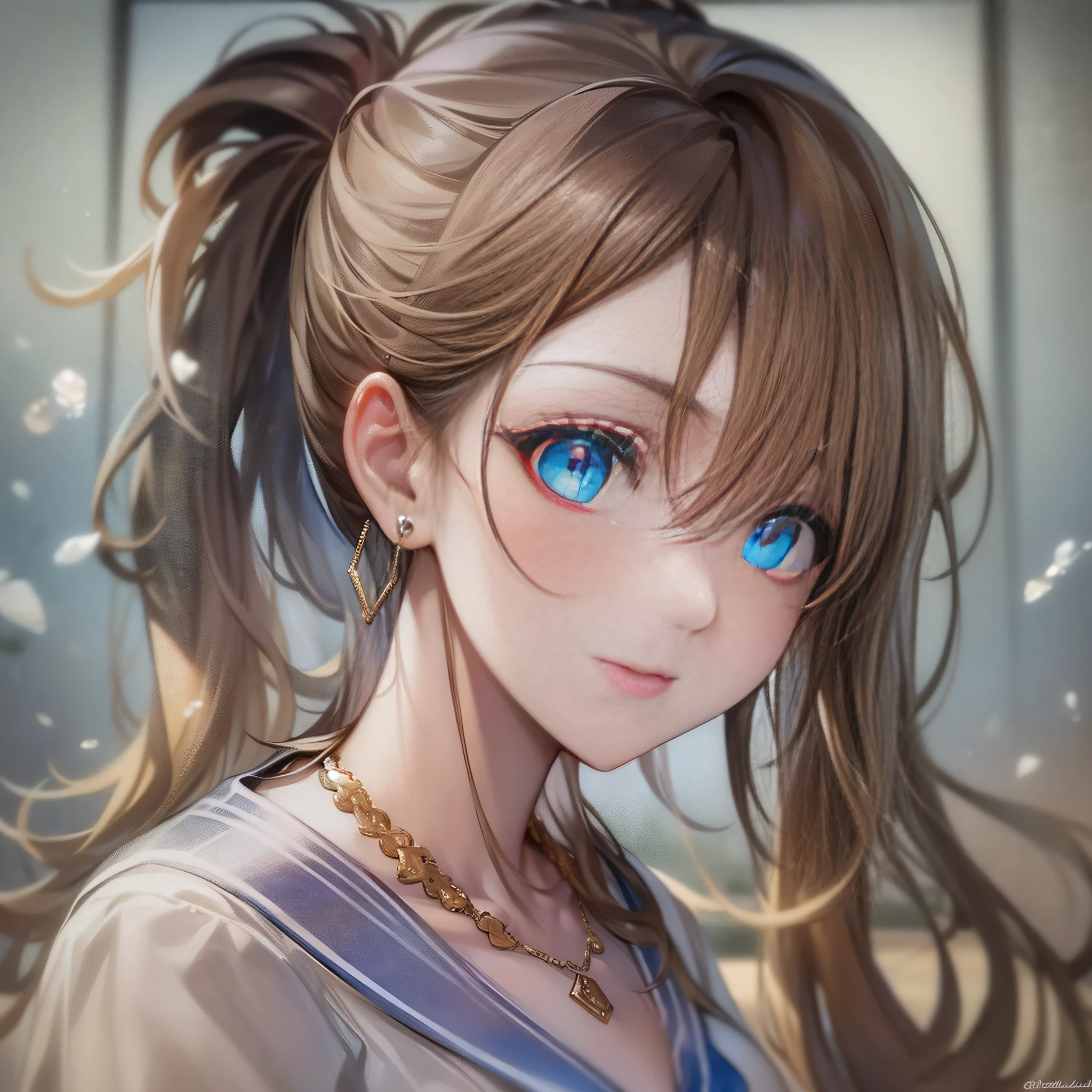 ((best quality)), (very detailed), (very detailed)), 4K, (8K), Best quality, (beautiful), Watercolor, Watercolor pencils, In the classroom, Pretty girl, One girl, Solo, Sailor suit, Beautiful light brown hair, Beautiful blue eyes, (Beautiful eyes)), White skin, Long hair, Ponytail, Transparent hair, Translucent hair, Earrings, Necklace, Light smile,,(jewelry eyes),(( transparent eyes)),((perfect anatomy))