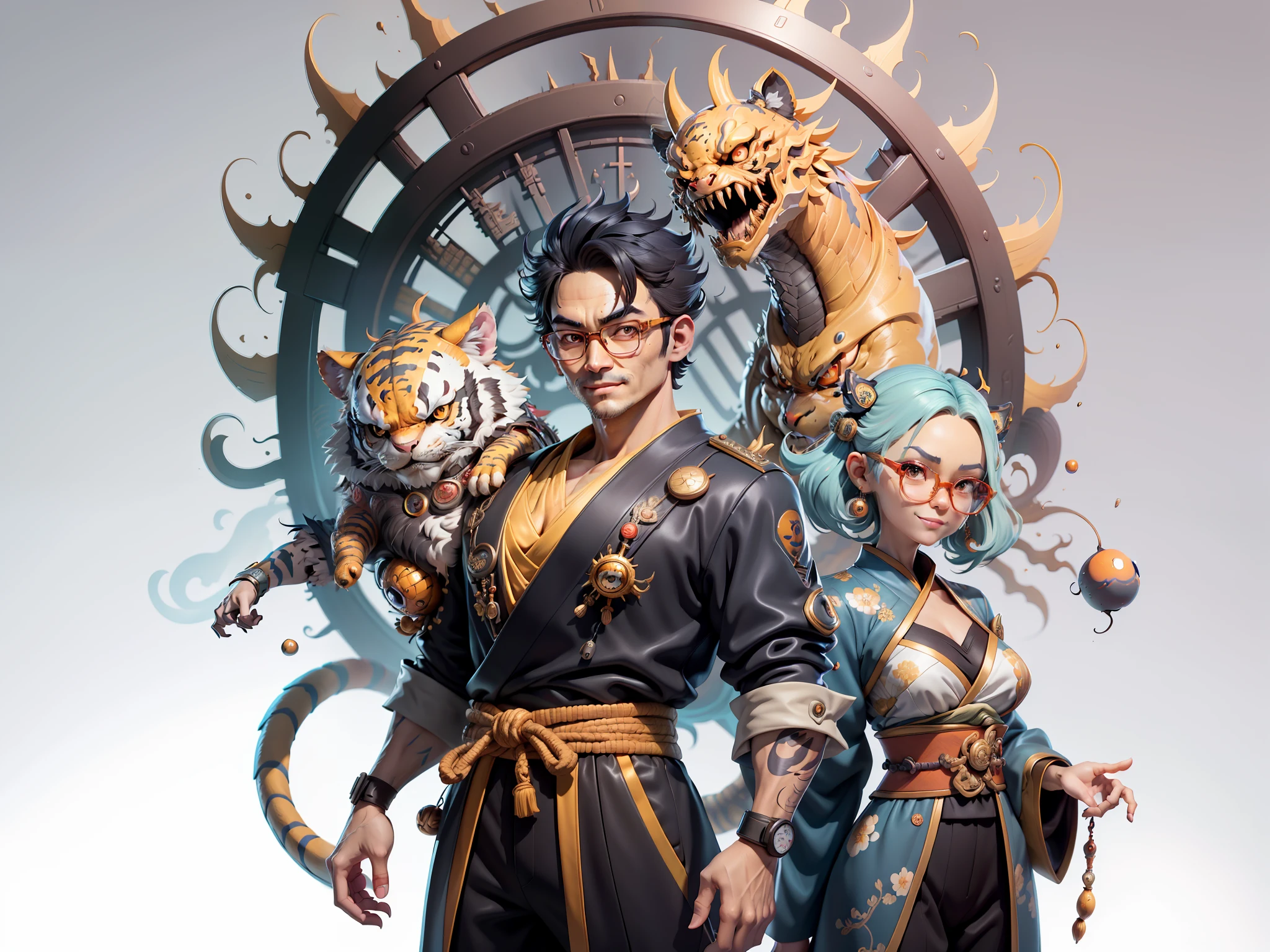 (Masterpiece), (Excellent), (Super Meticulous), (Full Body: 1.2), Super Young Man with Japanese Female Geisha, Pretty, Beautiful, Chinese Dragon, Tiger, Wind God Thor, Sexy, Bursting, Oriental Face, TV Anchor, Bust Portrait Illustration, Black Suit, Blue Tie, Slightly Chubby Face, Silver Glasses, Very Clean Face, No Beard on Chin, Black Super Short Hair, Black Eyes, Confident Smile, 3c Computer Sub-Products, iPad, iPhone, Digital Painting, 3D character design by Mark Clairedon and Pixar and Hayao Miyazaki and Akira Toriyama, the illustrations are HD illustrations in 4K resolution with highly detailed facial features and cartoon-style visuals.