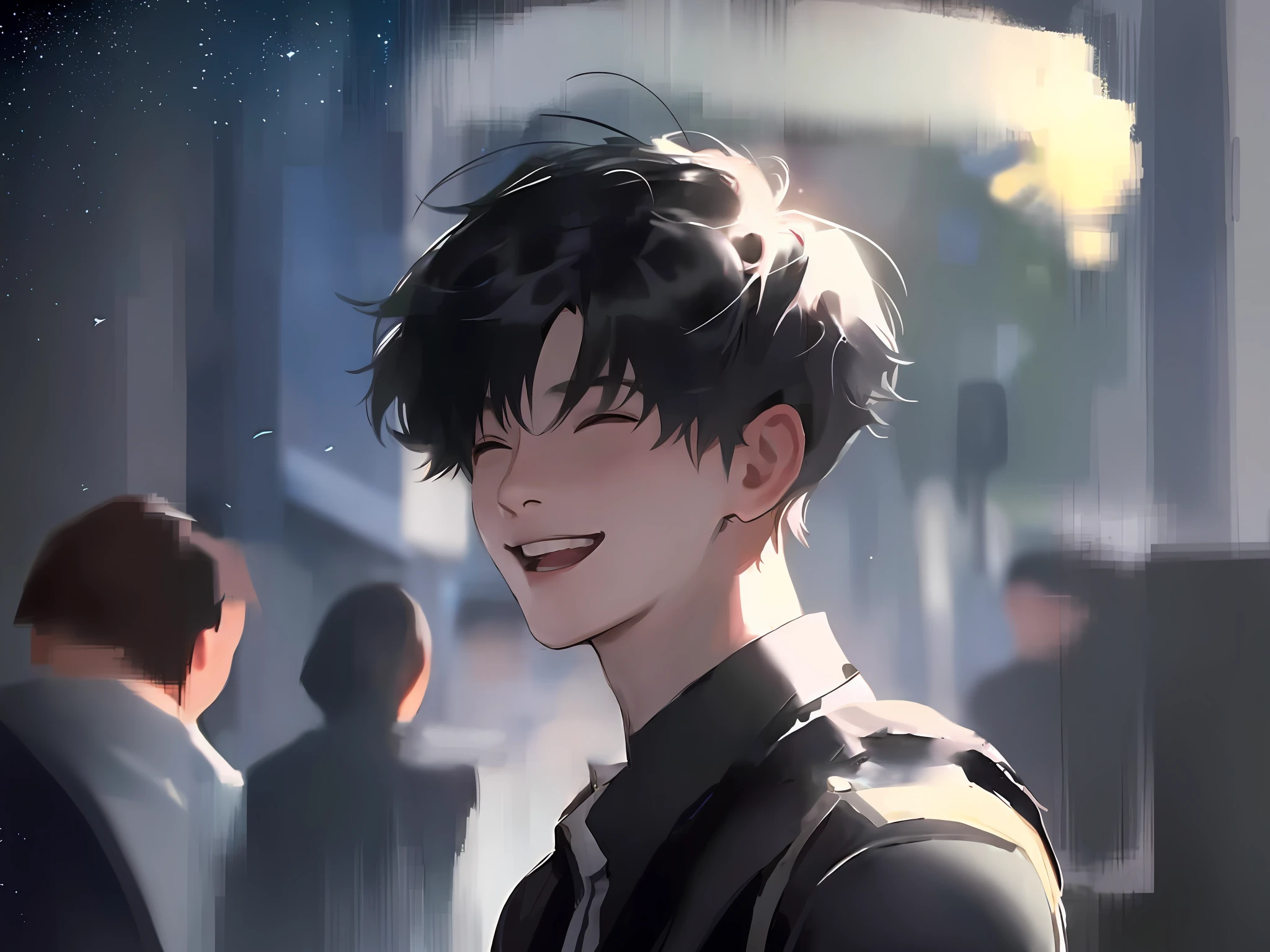 anime boy with black hair and a smile on his face, [[[[grinning evily]]]], guweiz, he is smiling, artwork in the style of guweiz, grinning lasciviously, smiling sweetly, anime handsome man, smileing nright, wide grin, lovely smile, anime boy, young anime man