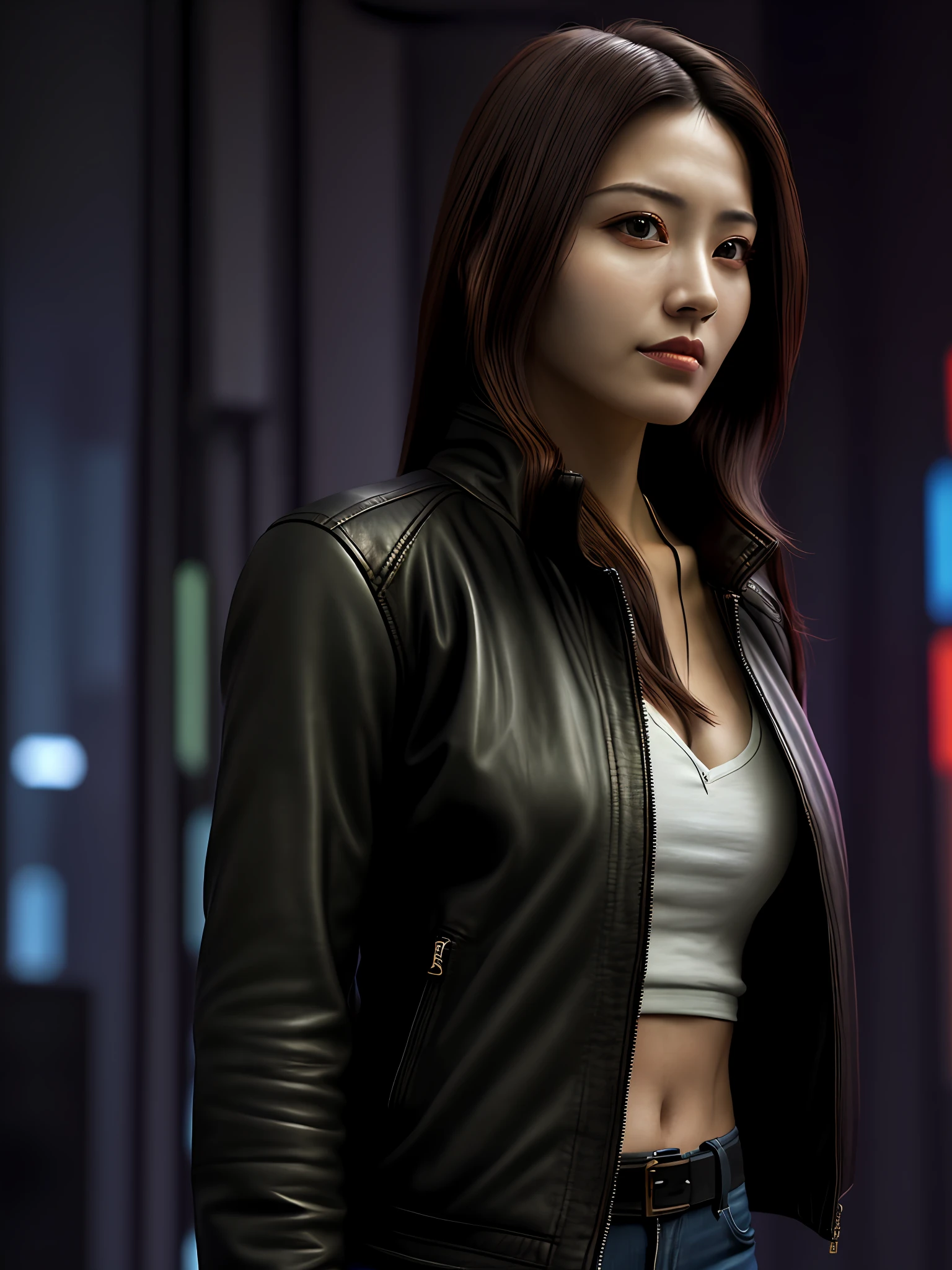 masterpiece,ultra high res, (photorealistic:1.4), raw photo, casual portrait of (30 year-old woman:1.3) , leather jacket, Compact body,((cyberpunk,scifi)),refined detailed Korean