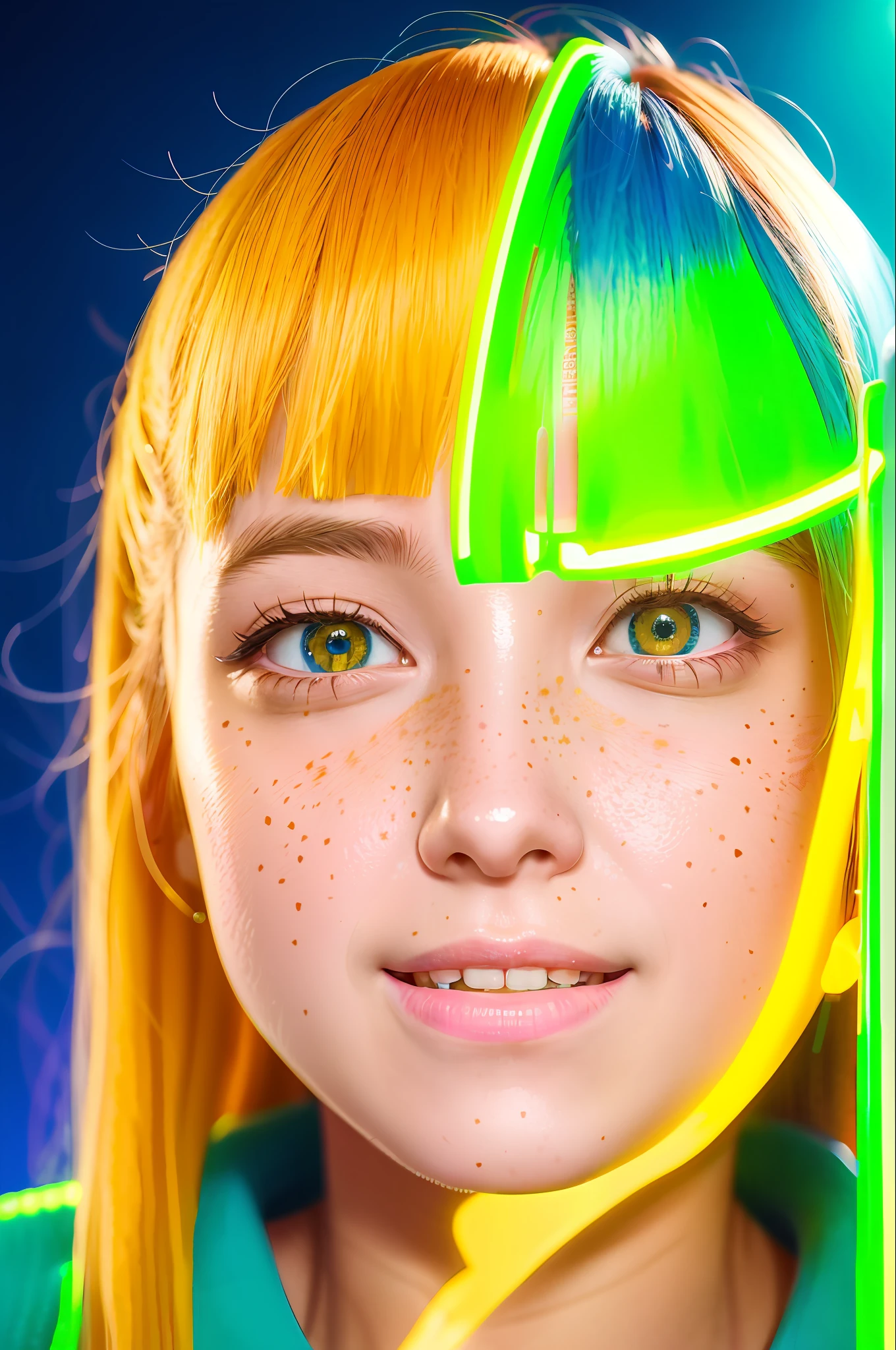Beautiful young girl in neon lighting, bright yellow sweater with long hair, face detailing, cheerful and kind smile, freckles