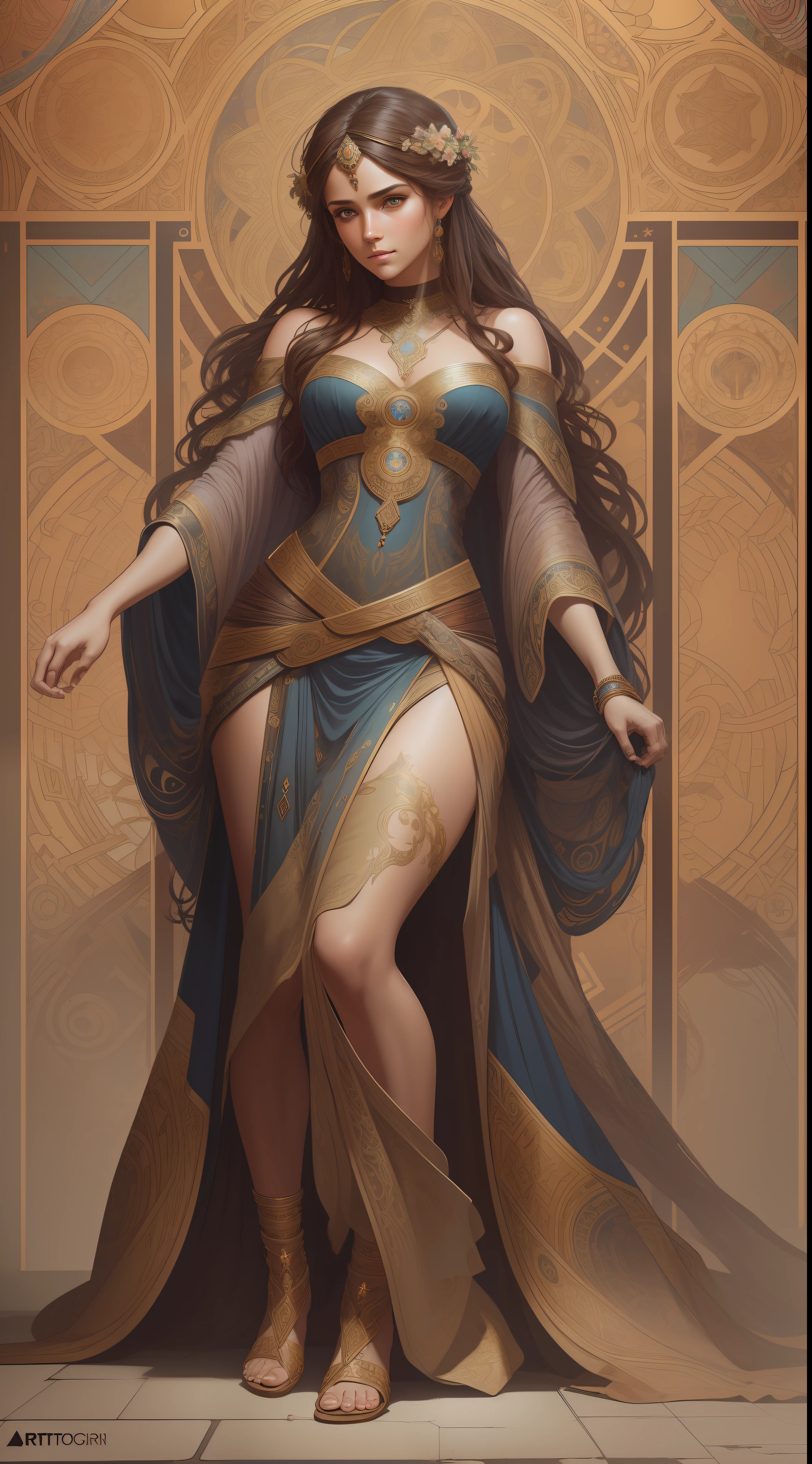 photorealistic beautiful woman, messy brown hair, beggar, full body, cover, hyperdetailed painting, luminism, Bar lighting, complex, ancient greek clothes, messy brown old clothes, 4k resolution concept art, Artgerm, WLOP, Alphonse Mucha, 3d render, octane render, intricately detailed, cinematic, trending on artstation | Isometric | Centered hipereallistic cover photo awesome full color, hand drawn, dark, gritty, realistic mucha, klimt, erte .12k, intricate. hit definition , cinematic,Rough sketch, mix of bold dark lines and loose lines, bold lines, on paper, Full body.