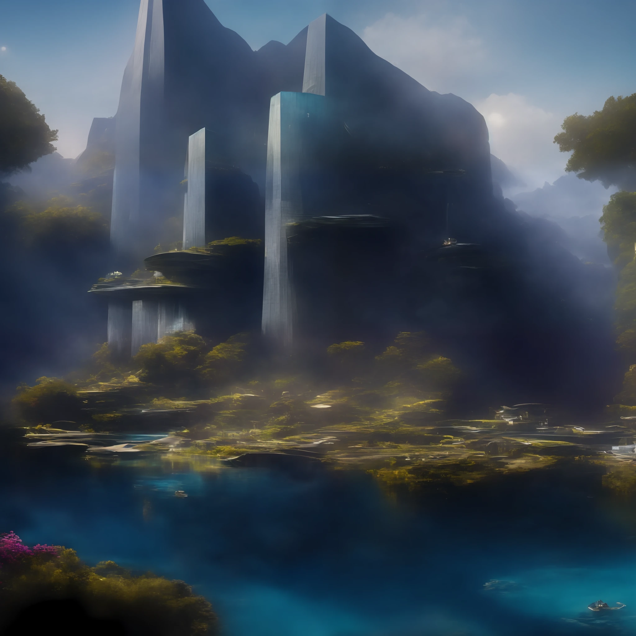 a modern futuristic design large hindu temple with lots of Bell's, sacred design in the rocks, a artificial waterfall and a pond with colorful flowers in the middle, nature meets architecture, built around blue pond, realistic beehive architecture, organic architecture, very close to real nature, breathtaking render, temple with cave, stunning architecture, luxury architecture, realistic fantasy render, by Zha Shibiao, epic and stunning, architectural visualization, epic architecture, concept art. 8 k