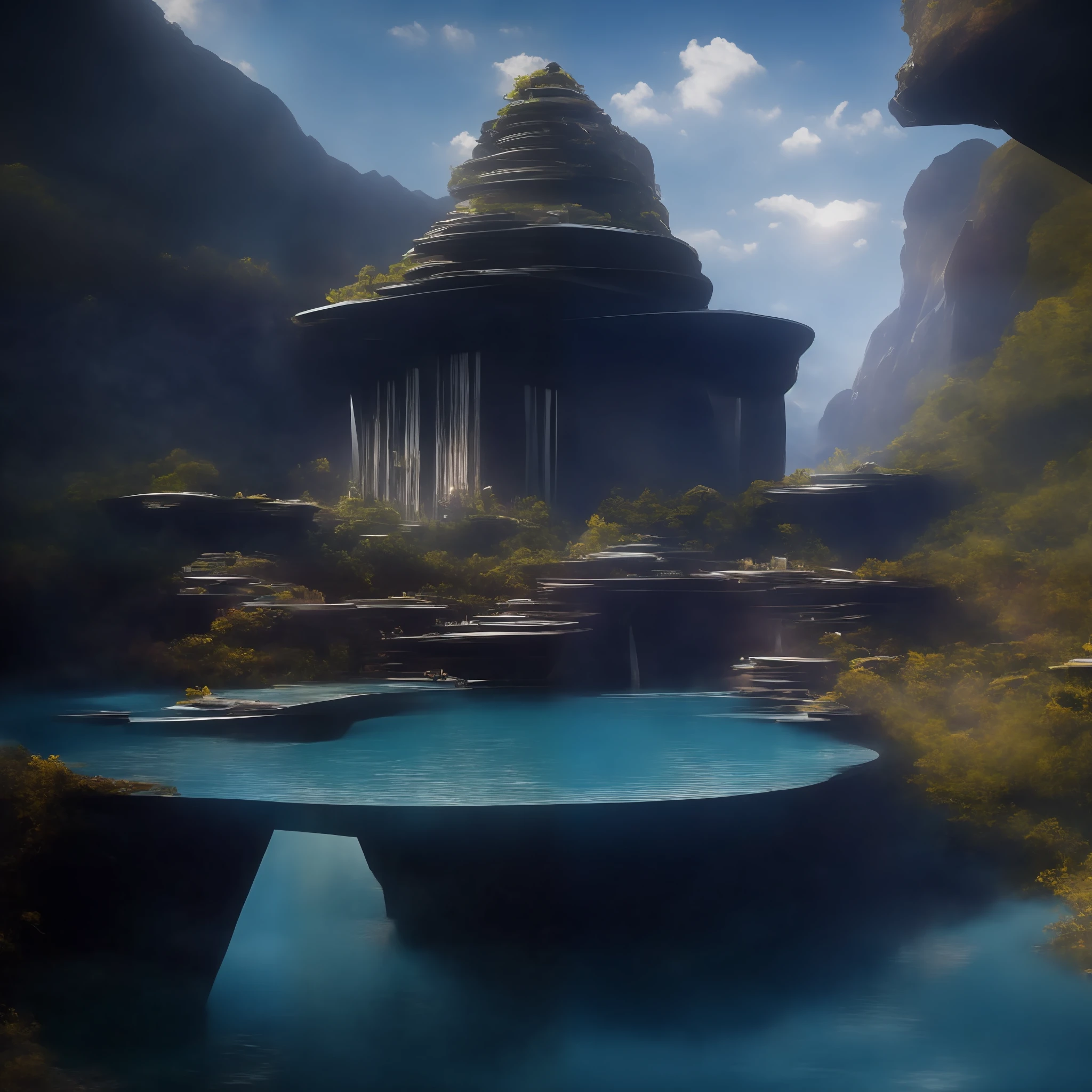 a modern futuristic design large hindu temple with lots of Bell's, sacred design in the rocks, a artificial waterfall and a pond with colorful flowers in the middle, nature meets architecture, built around blue pond, realistic beehive architecture, organic architecture, very close to real nature, breathtaking render, temple with cave, stunning architecture, luxury architecture, realistic fantasy render, by Zha Shibiao, epic and stunning, architectural visualization, epic architecture, concept art. 8 k
