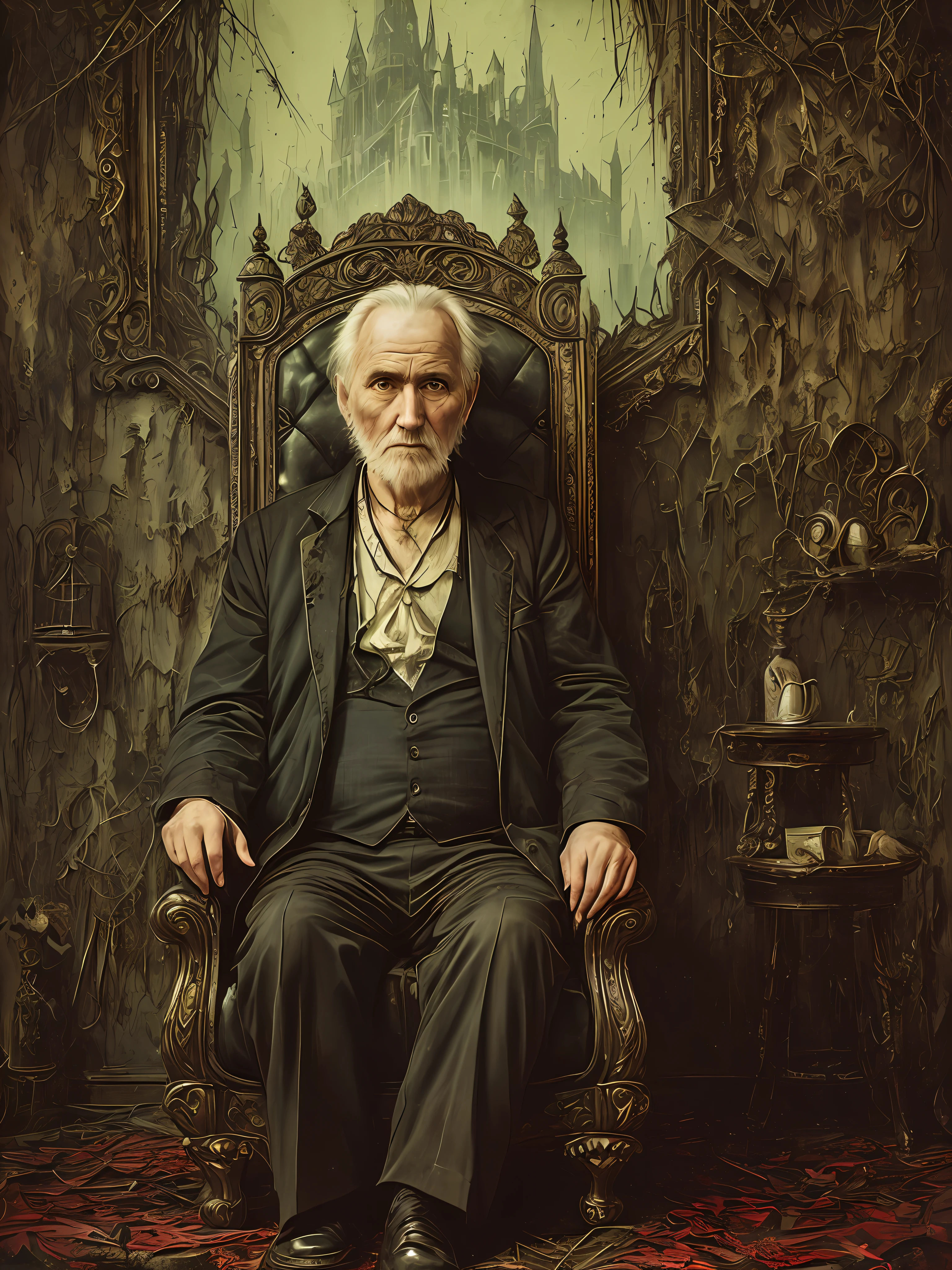 (night), sexy beauty, ruin, ghost, psychic photo, old man in a chair, complex horror background, intricate detail, art, close-up, painting, detail, cartoon, movie shot, fantasy, low saturation, vignette, [HDR], dark, dark, creepy, monotone, scary, dark, dark, swarming evil spirits,