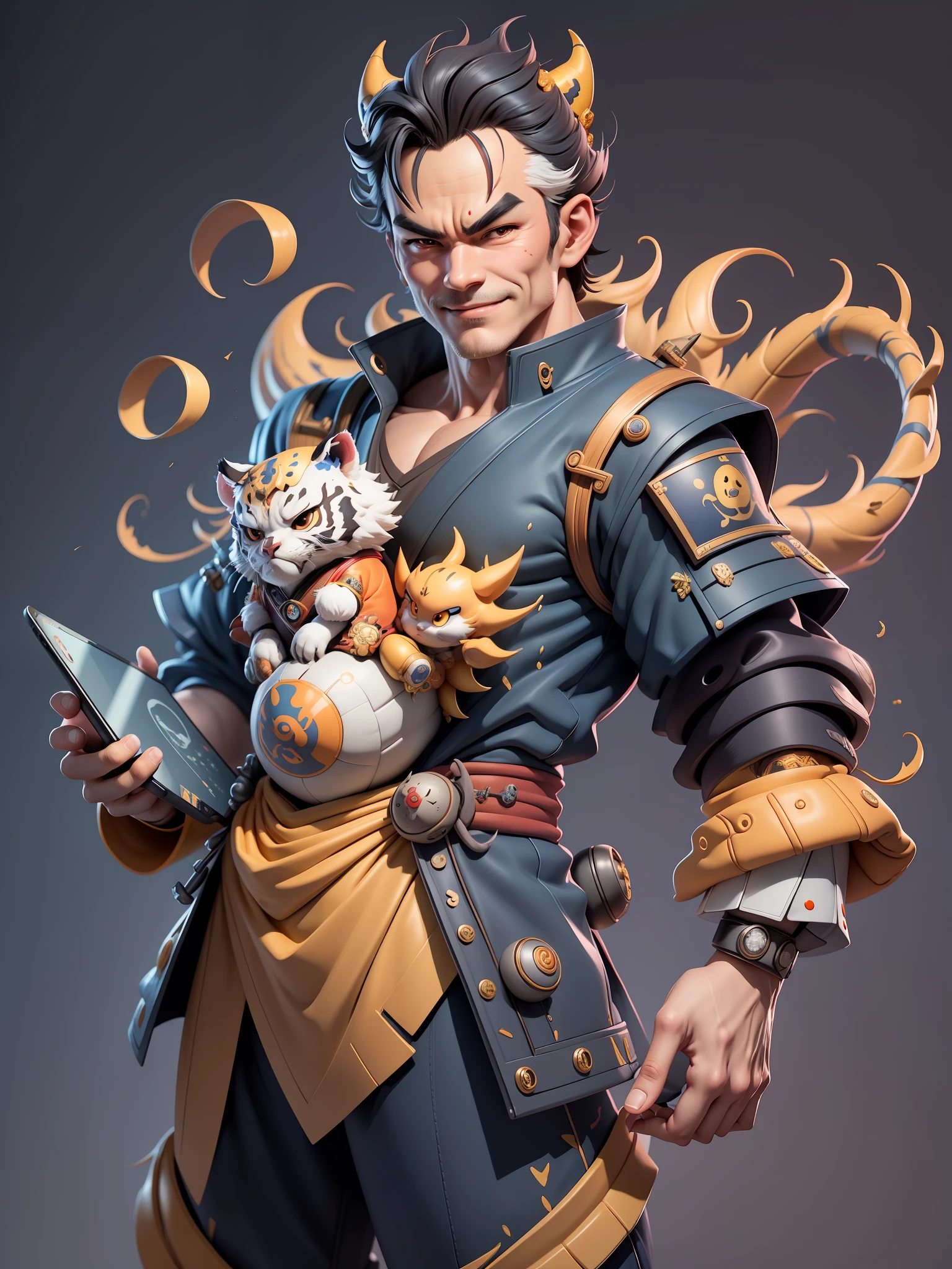 (Masterpiece), (Excellent), (Super Meticulous), (Full Body: 1.2), Super Young Man with Japanese Female Geisha, Beauty, Chinese Dragon, Tiger, Wind God Thor, Sexy, Bursting, Oriental Face, TV Anchor, Bust Portrait Illustration, Black Suit, Blue Tie, Slightly Chubby, Very Clean Face, No Beard, Black Super Short Hair, Black Eyes, Confident Smile, 3c Computer Sub-Products, iPad, iPhone, Digital Painting, 3D Character Design by Mark Claireden and Pixar and Hayao Miyazaki and Akira Toriyama, The illustration is a high-definition illustration in 4K resolution with very detailed facial features and cartoon-style visuals.