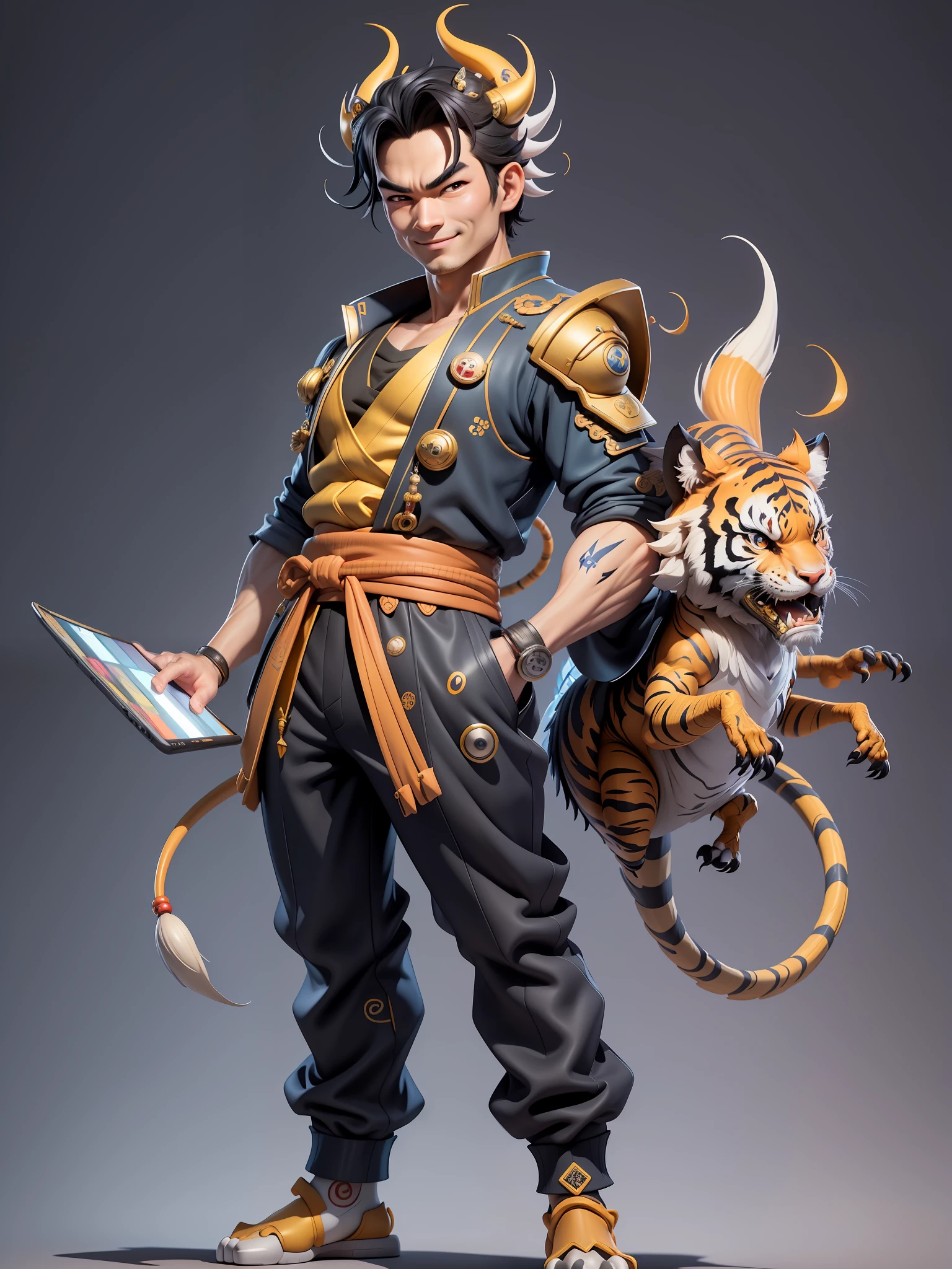 (Masterpiece), (Excellent), (Super Meticulous), (Full Body: 1.2), Super Young Man with Japanese Female Geisha, Beauty, Chinese Dragon, Tiger, Wind God Thor, Sexy, Bursting, Oriental Face, TV Anchor, Bust Portrait Illustration, Black Suit, Blue Tie, Slightly Chubby, Very Clean Face, No Beard, Black Super Short Hair, Black Eyes, Confident Smile, 3c Computer Sub-Products, iPad, iPhone, Digital Painting, 3D Character Design by Mark Claireden and Pixar and Hayao Miyazaki and Akira Toriyama, The illustration is a high-definition illustration in 4K resolution with very detailed facial features and cartoon-style visuals.