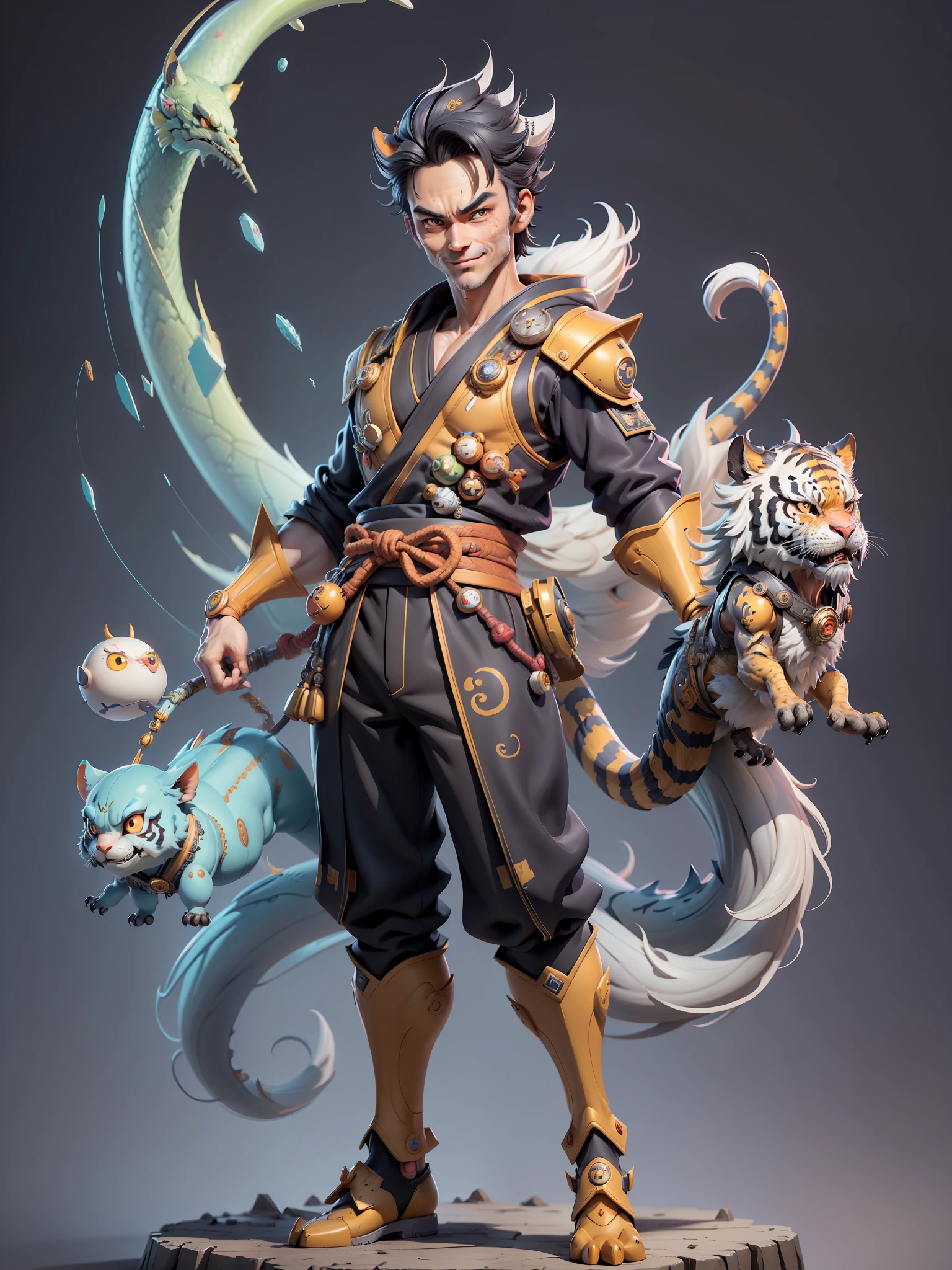 (Masterpiece), (Excellent), (Super Meticulous), (Full Body: 1.2), Super Young Man with Japanese Female Geisha, Beauty, Chinese Dragon, Tiger, Wind God Thor, Sexy, Bursting, Oriental Face, TV Anchor, Bust Portrait Illustration, Black Suit, Blue Tie, Slightly Chubby, Very Clean Face, No Beard, Black Super Short Hair, Black Eyes, Confident Smile, 3c Computer Sub-Products, iPad, iPhone, Digital Painting, 3D Character Design by Mark Claireden and Pixar and Hayao Miyazaki and Akira Toriyama, The illustration is a high-definition illustration in 4K resolution with very detailed facial features and cartoon-style visuals.