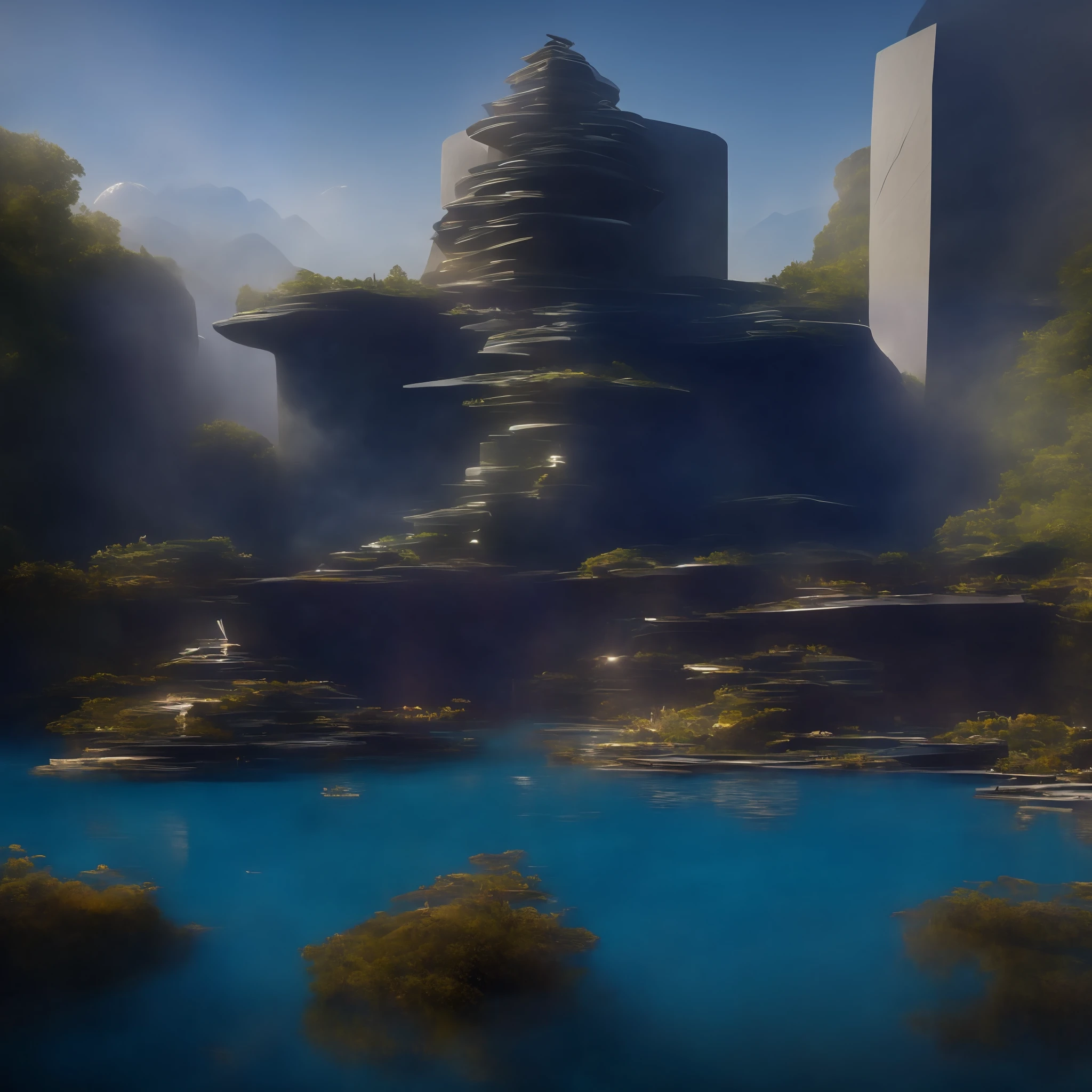 a modern futuristic design large hindu temple with lots of Bell's, sacred design in the rocks, a artificial waterfall and a pond with colorful flowers in the middle, nature meets architecture, built around blue pond, realistic beehive architecture, organic architecture, very close to real nature, breathtaking render, temple with cave, stunning architecture, luxury architecture, realistic fantasy render, by Zha Shibiao, epic and stunning, architectural visualization, epic architecture, concept art. 8 k