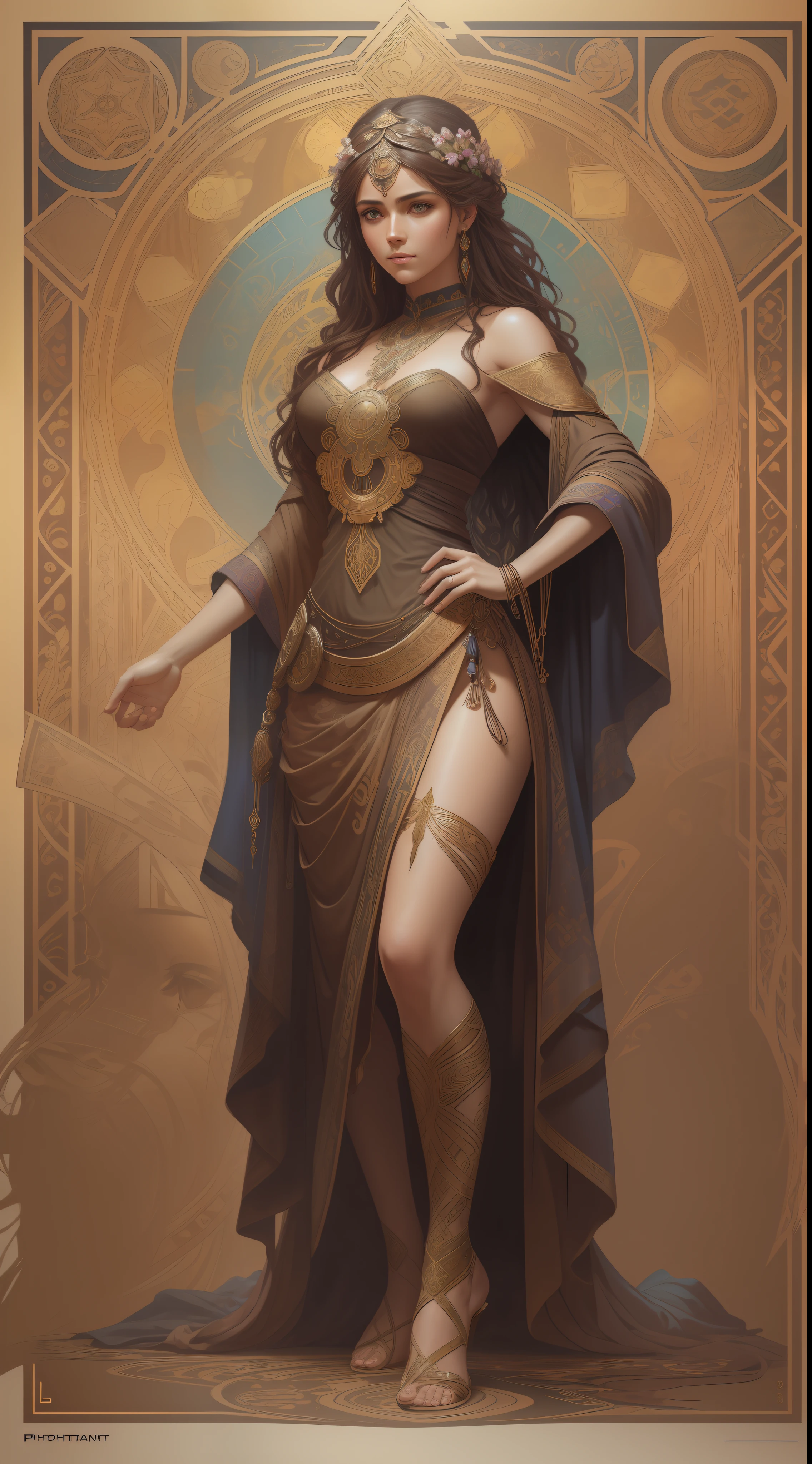 photorealistic beautiful woman, messy brown hair, beggar, full body, cover, hyperdetailed painting, luminism, Bar lighting, complex, ancient greek clothes, messy brown old clothes, 4k resolution concept art, Artgerm, WLOP, Alphonse Mucha, 3d render, octane render, intricately detailed, cinematic, trending on artstation | Isometric | Centered hipereallistic cover photo awesome full color, hand drawn, dark, gritty, realistic mucha, klimt, erte .12k, intricate. hit definition , cinematic,Rough sketch, mix of bold dark lines and loose lines, bold lines, on paper, Full body.
