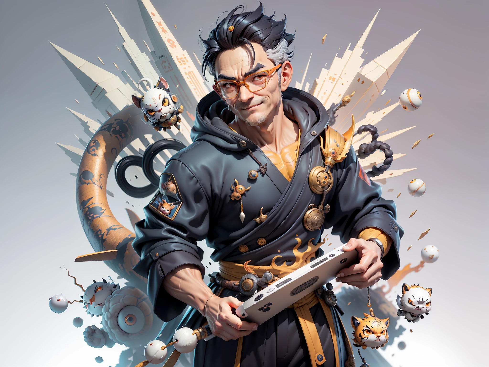 (Masterpiece), (Excellent), (Super Meticulous), (Full Body: 1.2), Super Young Man with Japanese Female Geisha, Pretty, Beautiful, Chinese Dragon, Tiger, Wind God Thor, Sexy, Bursting, Oriental Face, TV Anchor, Bust Portrait Illustration, Black Suit, Blue Tie, Slightly Chubby Face, Silver Glasses, Very Clean Face, No Beard on Chin, Black Super Short Hair, Black Eyes, Confident Smile, 3c Computer Sub-Products, iPad, iPhone, Digital Painting, 3D character design by Mark Clairedon and Pixar and Hayao Miyazaki and Akira Toriyama, the illustrations are HD illustrations in 4K resolution with highly detailed facial features and cartoon-style visuals.