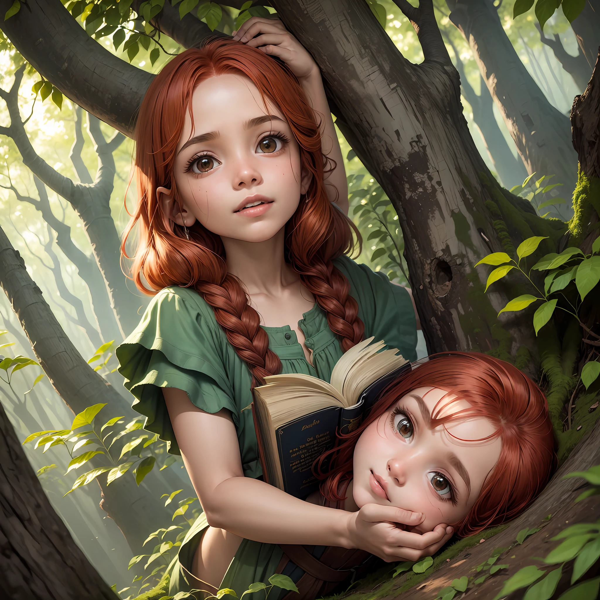 Tainá, the curious little girl with red hair and bright eyes, Stilo cartoon, is standing before an imposing tree with a twisted trunk. She holds in her hands a worn-out old book, found in a hole hidden under the exposed roots. Soft sunlight streams through the verdant leaves of the tree, creating a mosaic of dancing shadows around Tainá. Her face is filled with excitement and wonder as she opens the yellowed pages of the book, about to uncover long-forgotten secrets. --auto --s2