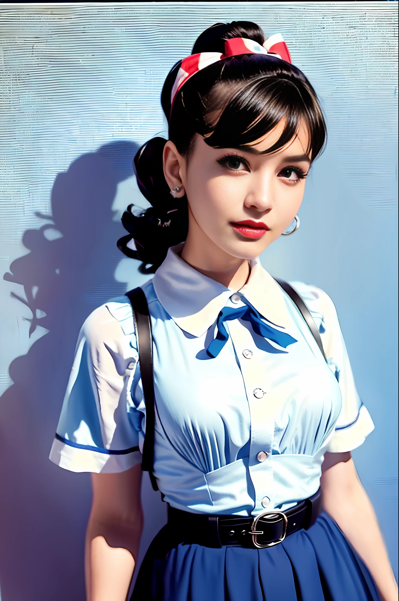 Rockabilly fashion, 50's American fashion, (masterpiece, top quality, highest quality, official art, beautiful and aesthetic: 1.2), (1 girl: 1.3), (rockabilly: 1.3), (18 years old Japan person: 1.2), rockabilly, white short sleeve blouse, (polka dot circular skirt: 1.3), ponytail with large ribbon, bobby soxer, saddle shoes, smile, Long skirts, dancing, (Jukebox: 1.3), (Cadillac is next to it: 1.3), Rock and Roll