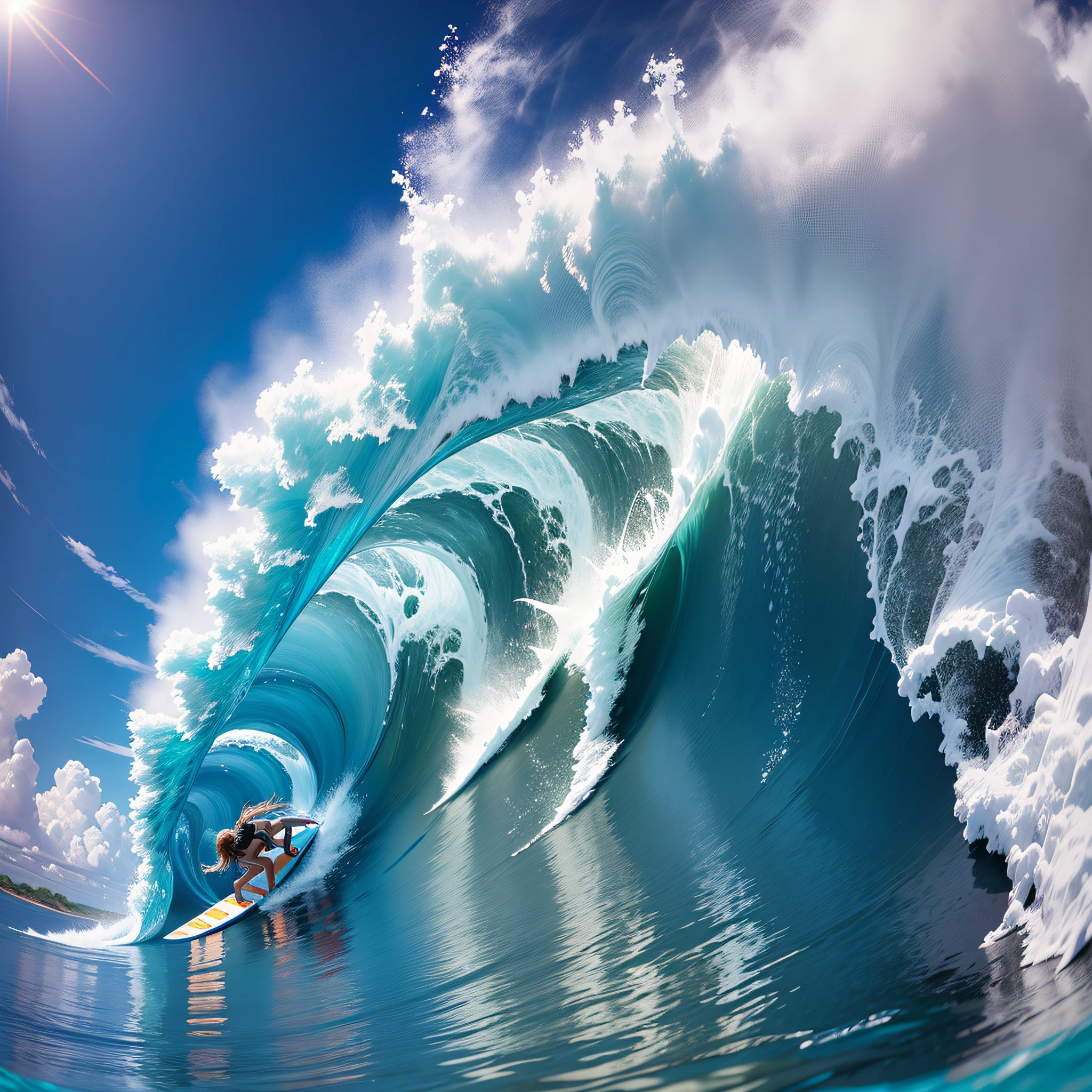Girls surfing, blue skies, shots taken with 360-degree cameras, powerful views, beautiful splashes, amazing perspective. --auto --s2