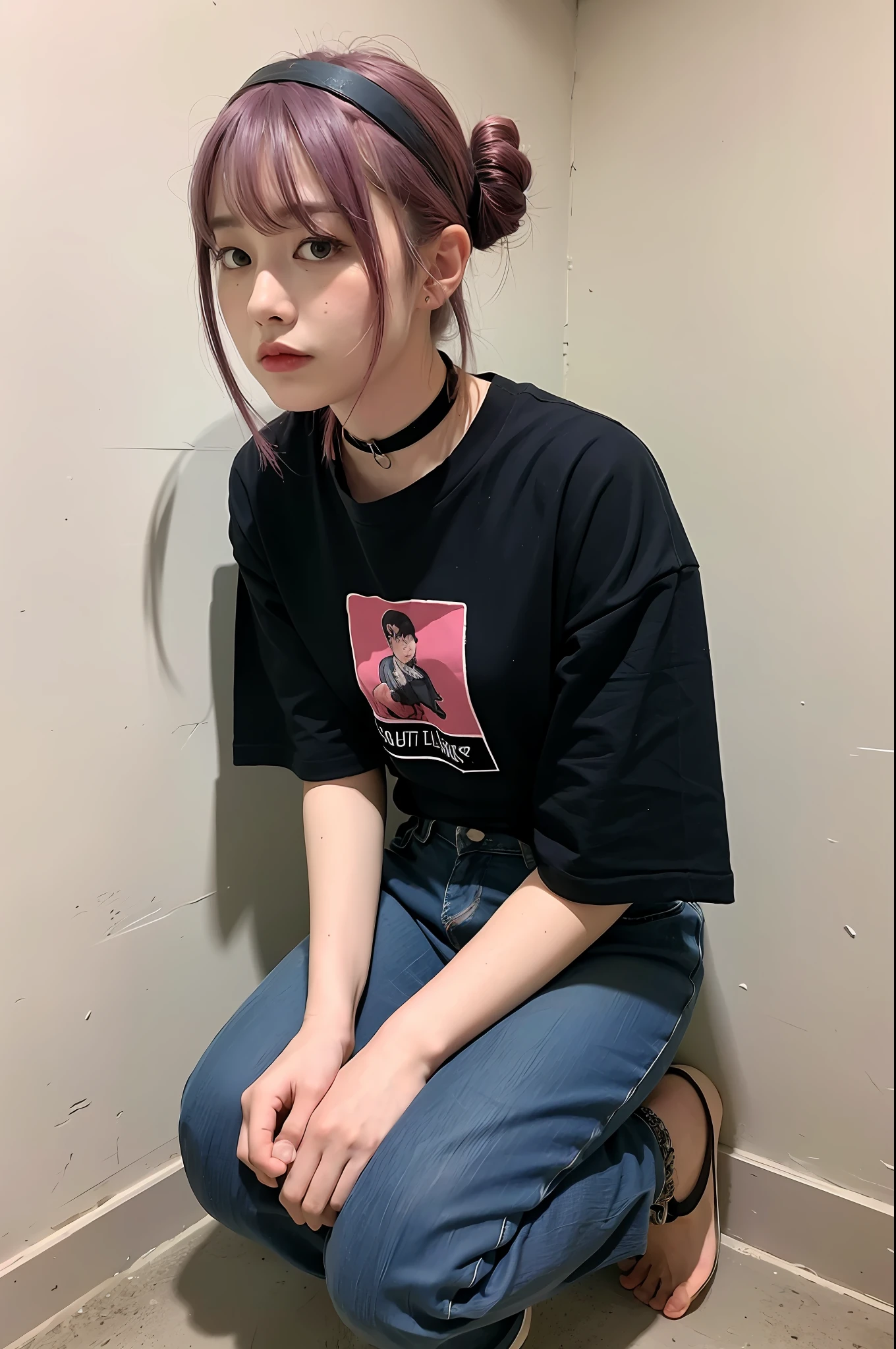 (8k:1.27), best quality, masterpiece, ultra highres:1.2), arrested lesbian goth delinquent girl with arm tattoos, tattooed girl, full body picture, blue oversized knotted prisoner t-shirt with black letters, short big sleeves, blue short inmate pants tied with a rope, dyed pink hair, short bob hairstyle, back pink bun, hair bangs, kneeling in a prison cell, handcuffed, hands tied with rope behind body, submissive neck choker and leash in neck, 4k or 8k picture, looking down sad, paisley bandana ribbon hairband, nose septum piercing, wearing dirty old clothes, smelly, barefoot, praying