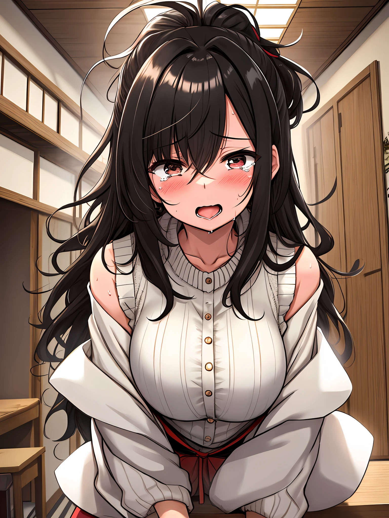 Original character, best quality, masterpiece, super high definition, NSFW, 18 ban, Japan housewife, 1 woman, 1 man, plump, droopy eyes, wavy black hair, messy hair, long hair, excitement, crying face, big, saliva, mouth open, tongue sticking out, sleeveless sweater, folding, missionary position, , insertion, sexual, male genitalia, breast grabbing, bukkake, sweat, love juice, Steam, indoor, Japanese-style room, evening