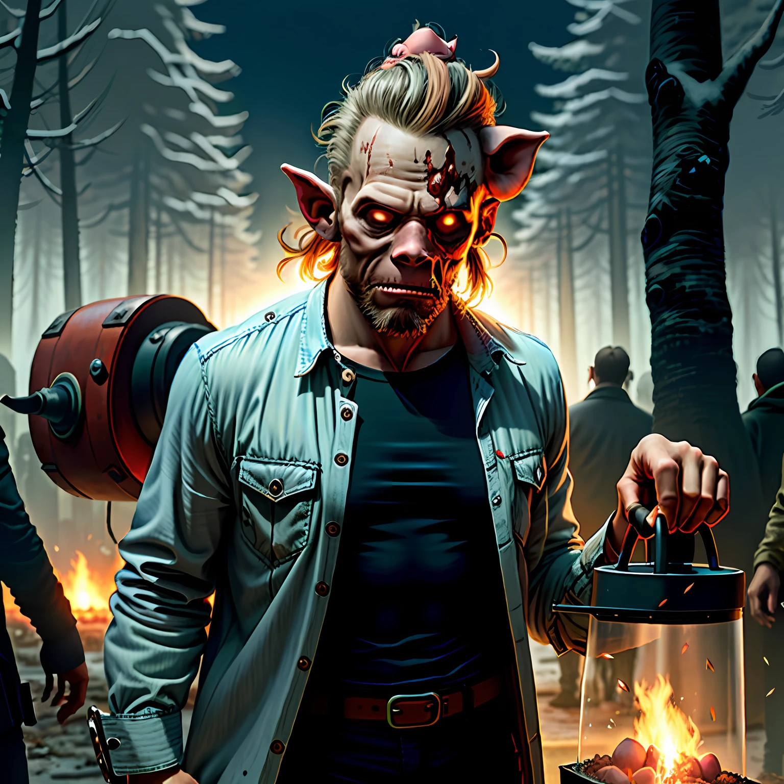 Man with a pig's head on his head, killer with a chainsaw eating terrifying brains