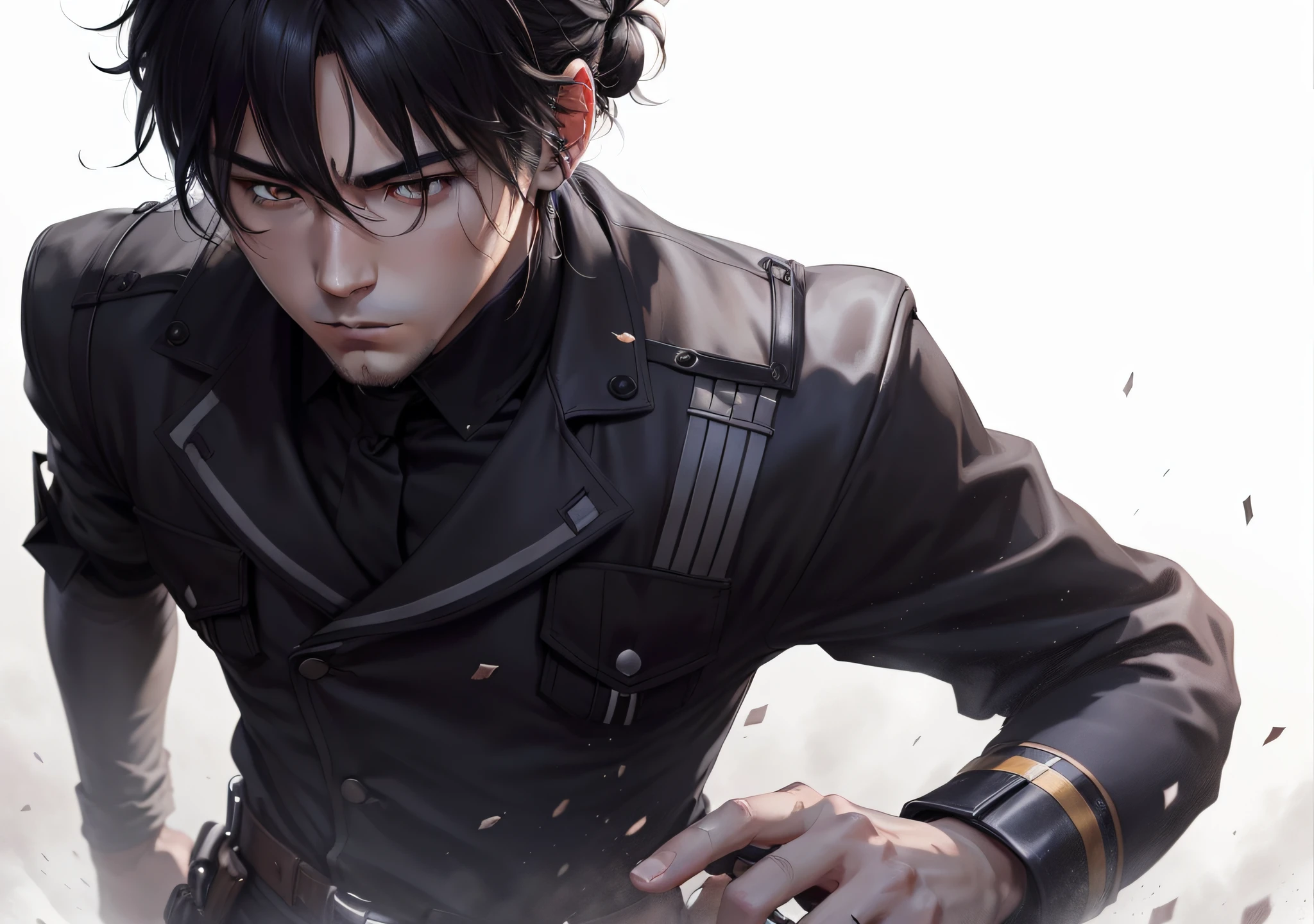 (best quality: 1.1), (manhwa illustration), (deep black eyes, (Detailed background:1.1), (battlefield: 1.1), (black hair with male bun), (messy hair), (expressionless), shaded aspect, adult man --auto --s2