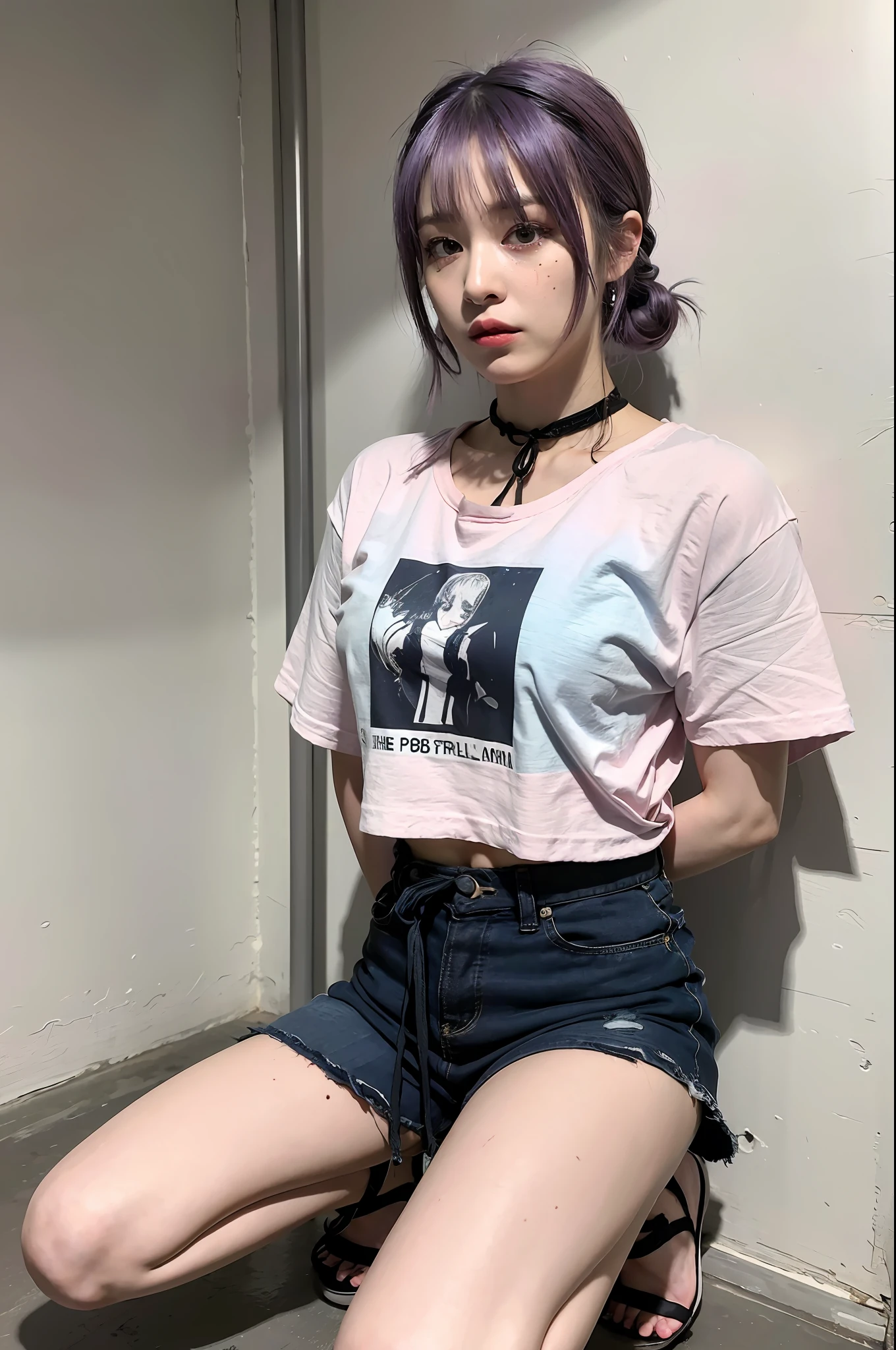 (8k:1.27), best quality, masterpiece, ultra highres:1.2), arrested lesbian goth delinquent girl with arm tattoos, tattooed girl, full body picture, blue oversized knotted prisoner t-shirt with white letters, short big sleeves, blue short inmate pants tied with a rope, dyed pink hair, short pink bob hairstyle, back pink bun, pink hair bangs, kneeling in a prison cell, handcuffed, hands tied with rope behind body, submissive neck choker and leash in neck, 4k or 8k picture, looking down sad, paisley bandana ribbon hairband, nose septum piercing, wearing dirty old clothes, smelly, barefoot, praying