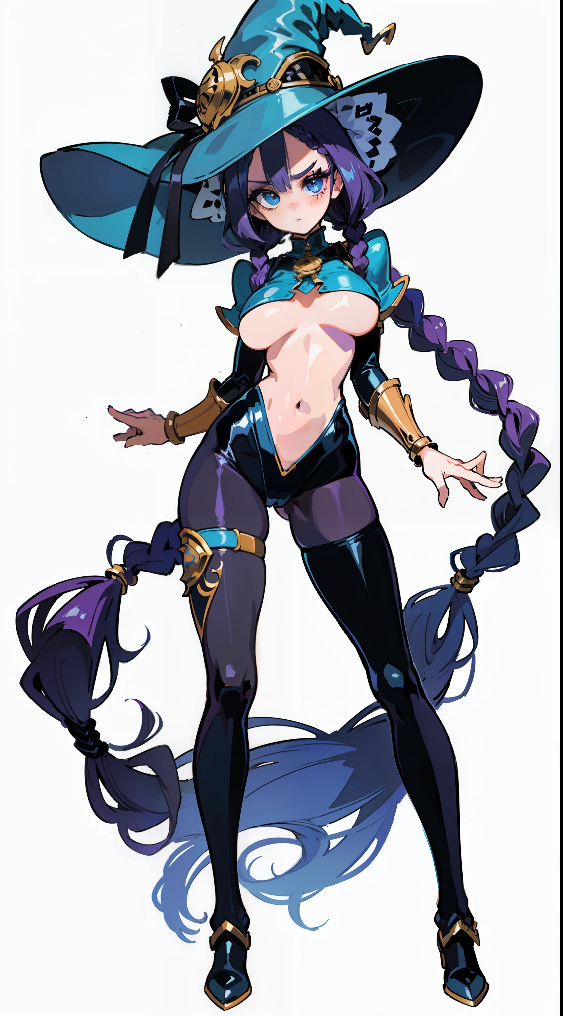 "(masterpiece), best quality, NSFW,
1girl, (80s anime style:1.5), (eyelashes:1.5),
(intricate high detailed body:1.2),
purple hair,
(forehead:1.2), (twin braids:1.1),
blue eyes,
(slim body:1.2),
(large breasts:1.2),
(thick eyebrows:1.1),
annoyed, blush,
(latex leotard, underboob cutout:1.2),
(knight armor, armored boots:1.2),
(pantyhose:1.2), bracelet, witch hat,
(dynamic pose1.1),
(full body1.1),
(simple white background:1.3)"