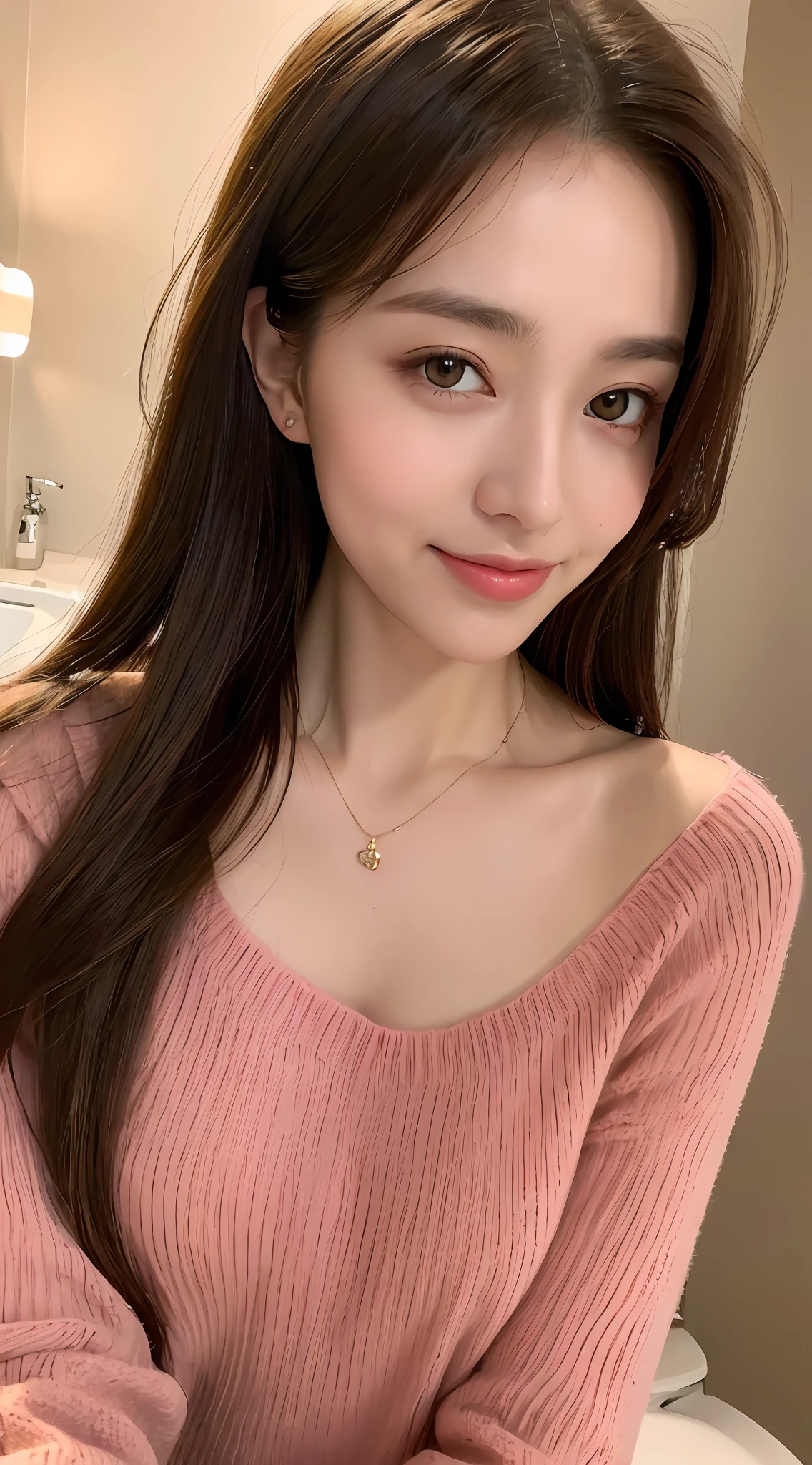 ((Night, Realistic Light, Best Quality, 8K, Masterpiece: 1.3)), 1girl, Slim Beauty: 1.4, Abs: 1.1, (Brown hair, Medium breasts: 1.3), Long pink sweater: 1.1, Bathroom, Super fine face, Delicate eyes, Double eyelids, smile, necklace