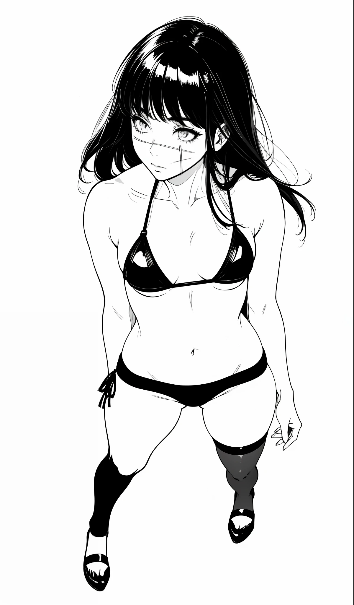 1girl, posing, sexy, bikini, ((micro bikini)), full body, lineart, monochrome, scar, school stockings, white background, bottomless, best quality, good anatomy, perspective from above, black hair, designs