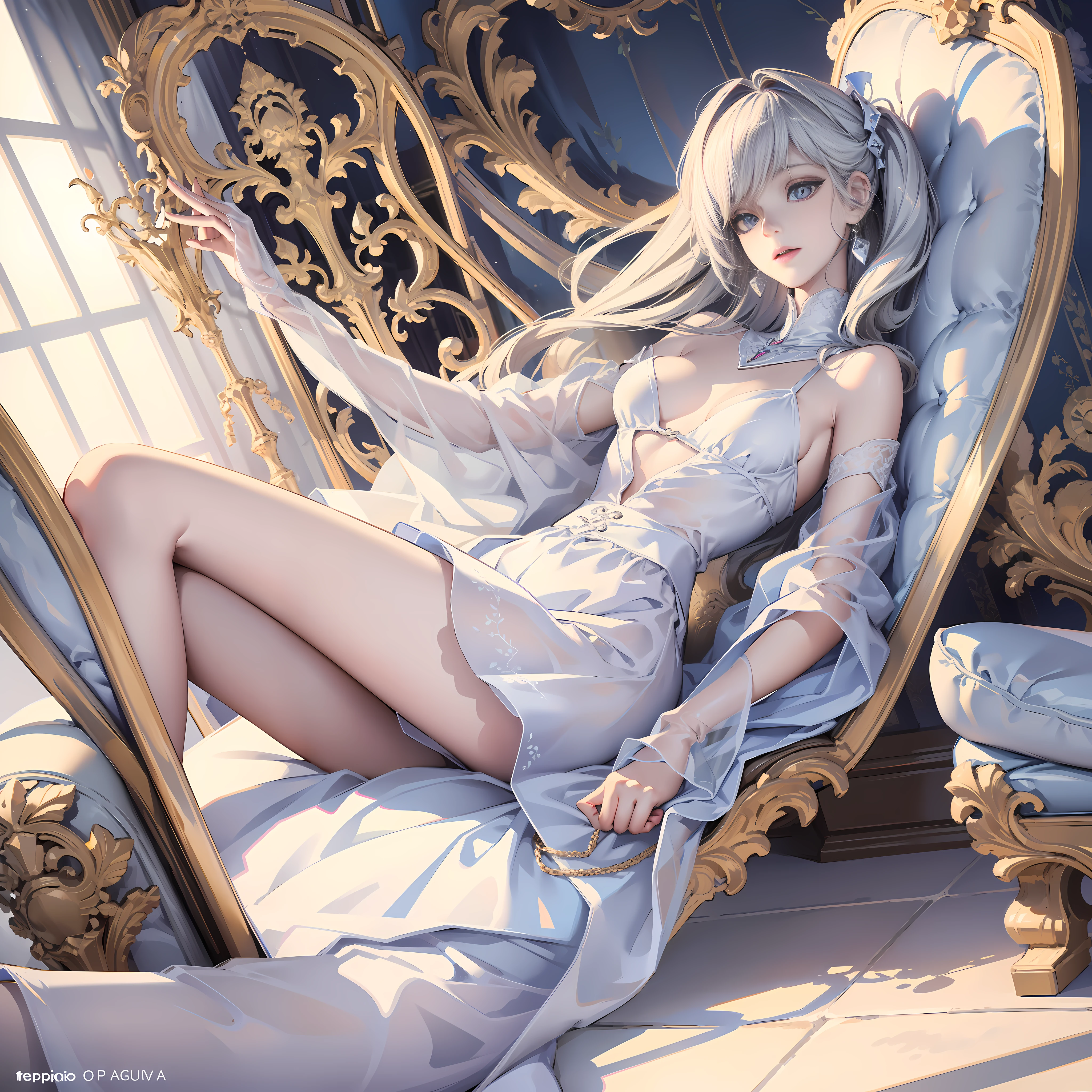 A woman, masterpiece masterpiece, super fine photo,, best quality, super high resolution, photorealistic realism, sunlight, full body portrait, amazing beautiful angel, beauty, masterpiece, super fine photo, anime style, best quality, super high resolution, photorealistic photorealism, full body portrait, amazing beauty, perfect figure, blue eyes, super detail, lying on bed, legs spread, beautiful face of details, silver white hair, light blue eyes