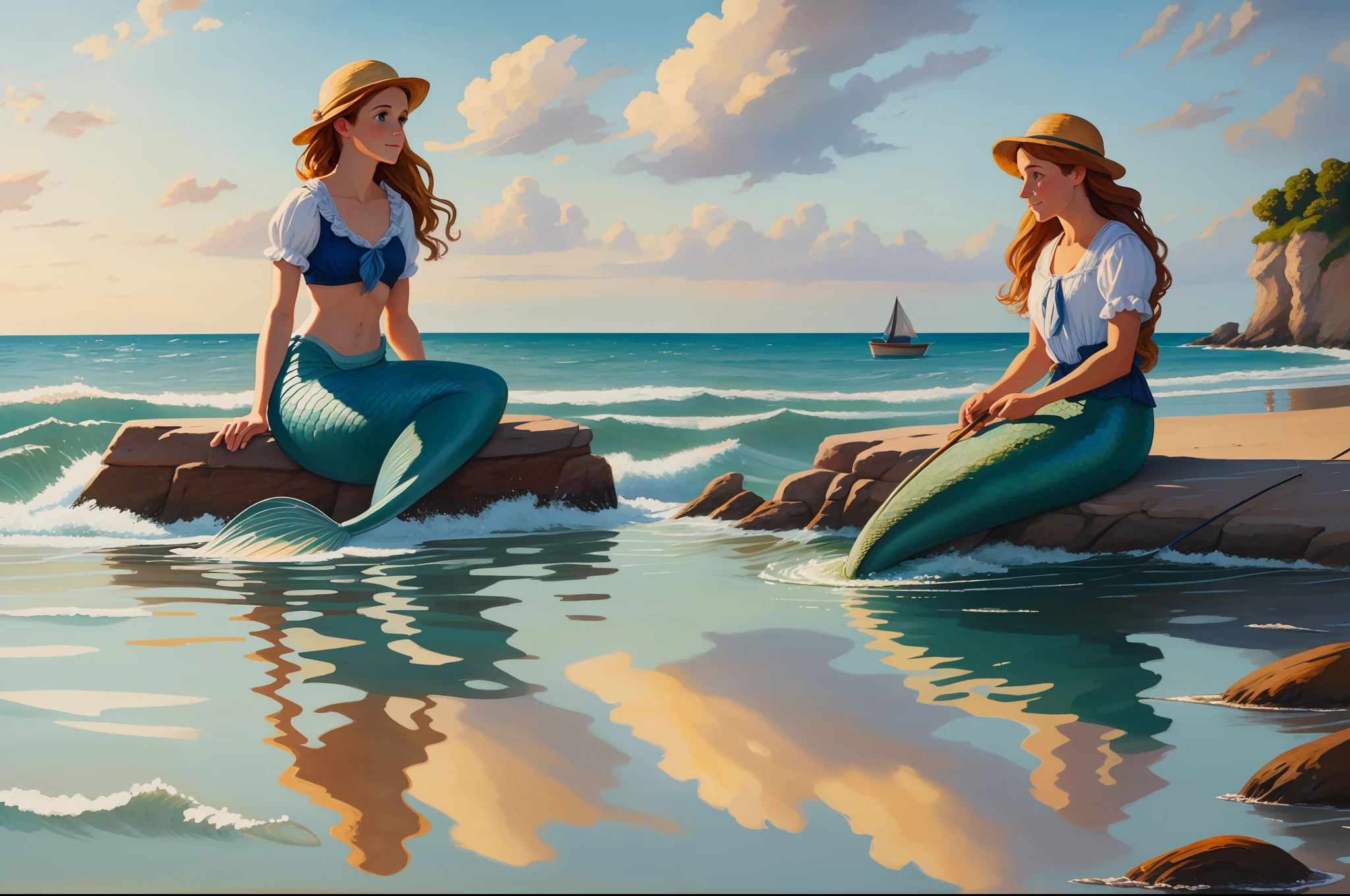 Mermaid in fisherman's lap, seaside, impressionism, capturing light and atmosphere, loose brushstroke, outdoor painting, natural scenes, color harmonies, soil, human, above water, expansive horizon, reflections, serene atmosphere, sunlit ripples, heroic scene, fishing boat in the background, fishtail