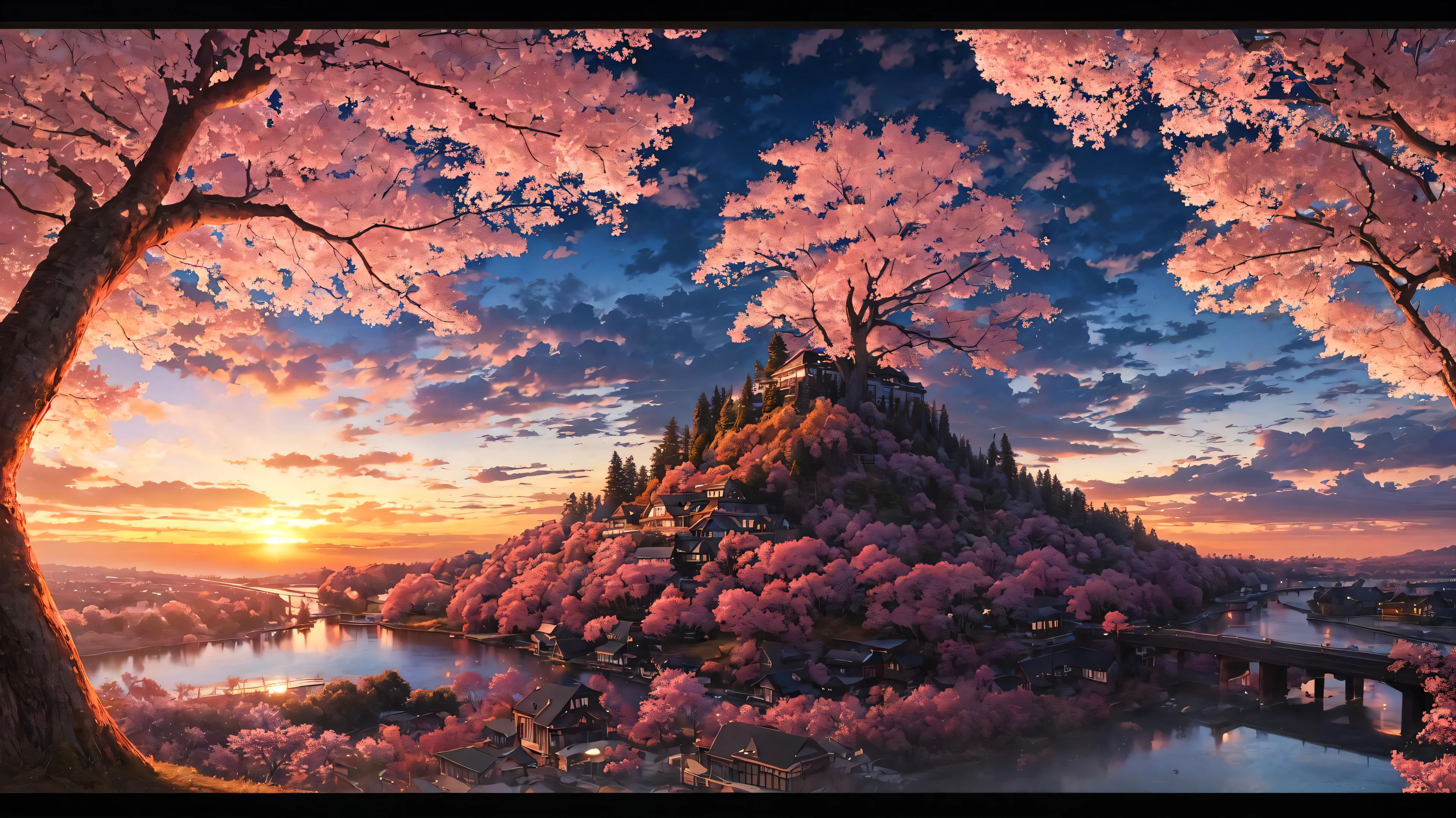 (masterpiece, best quality:1.2), ultra detailed, cinematic lighting, HDR, ilustration,  landsape,  sunrise,  cherry blossom, impressive, chill, inspirational,