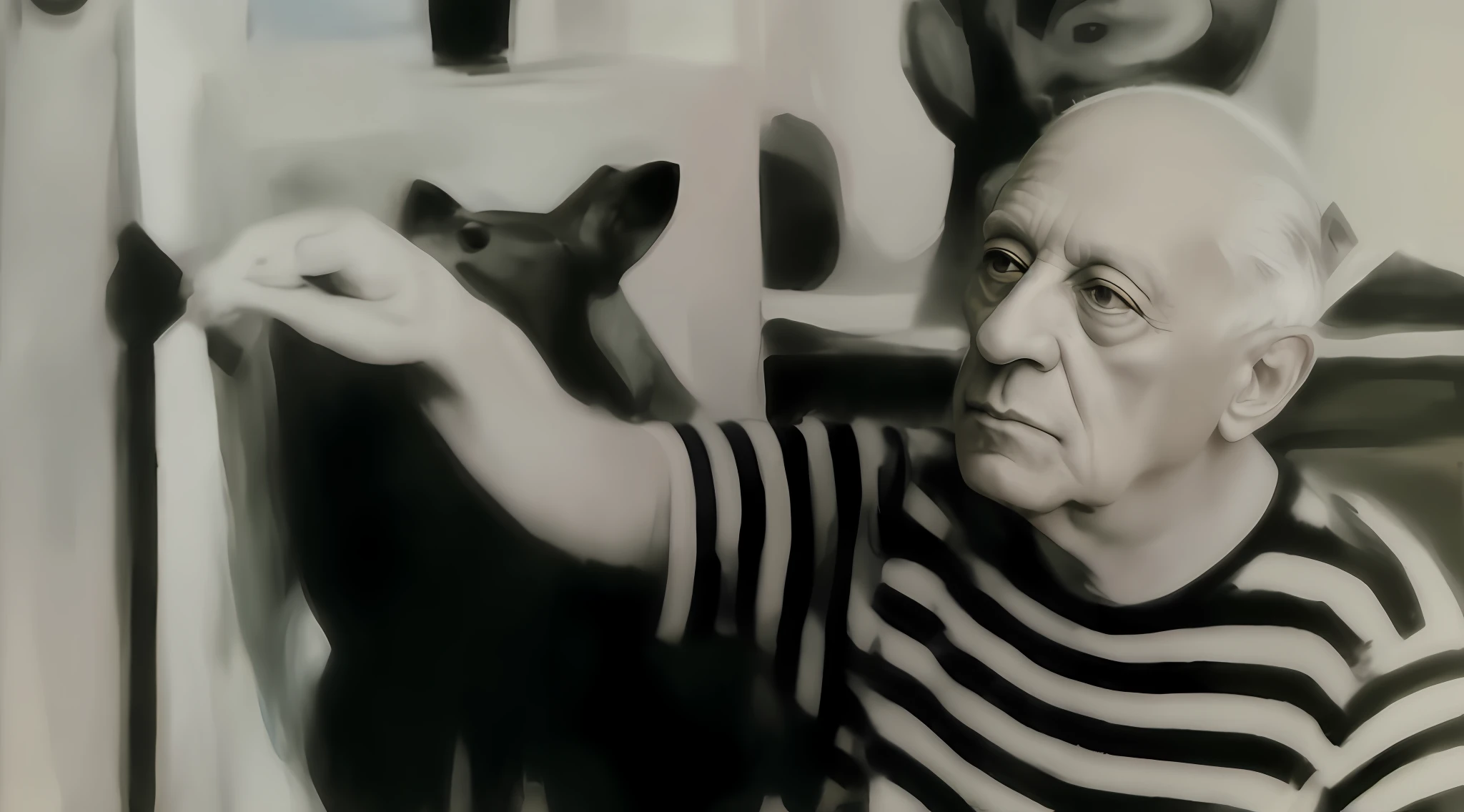 painting of an old man holding a cat in his hand, pablo picasso and mark brooks, pablo picasso painting, picasso style, pablo picasso. graffiti art, similar aesthetics to picasso, inspired by Pablo Picasso, picasso masterpiece, inspired by Pierre Alechinsky, inspired by János Kass, inspired by Picasso, cubist picasso