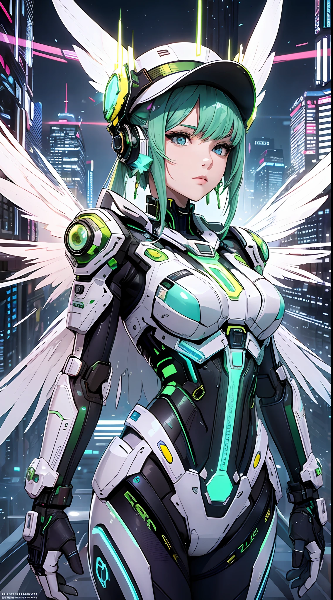 Masterpiece, super high quality, super detailed CG effect, hyperrealism 1.2, sci-fi landscape, transistor punk, cyberpunk and biopunk elements mixed, similar to magazine cover design 1.4, with off-white tones. It shows a giant female robot wearing a sun hat and earrings, with mechanical angel wings and angel wings on her back, standing in a futuristic town with a dynamic posture and angle. The small bust in the picture presents a luxurious beauty, with gold, silver and green colors, as well as neon embellishments.