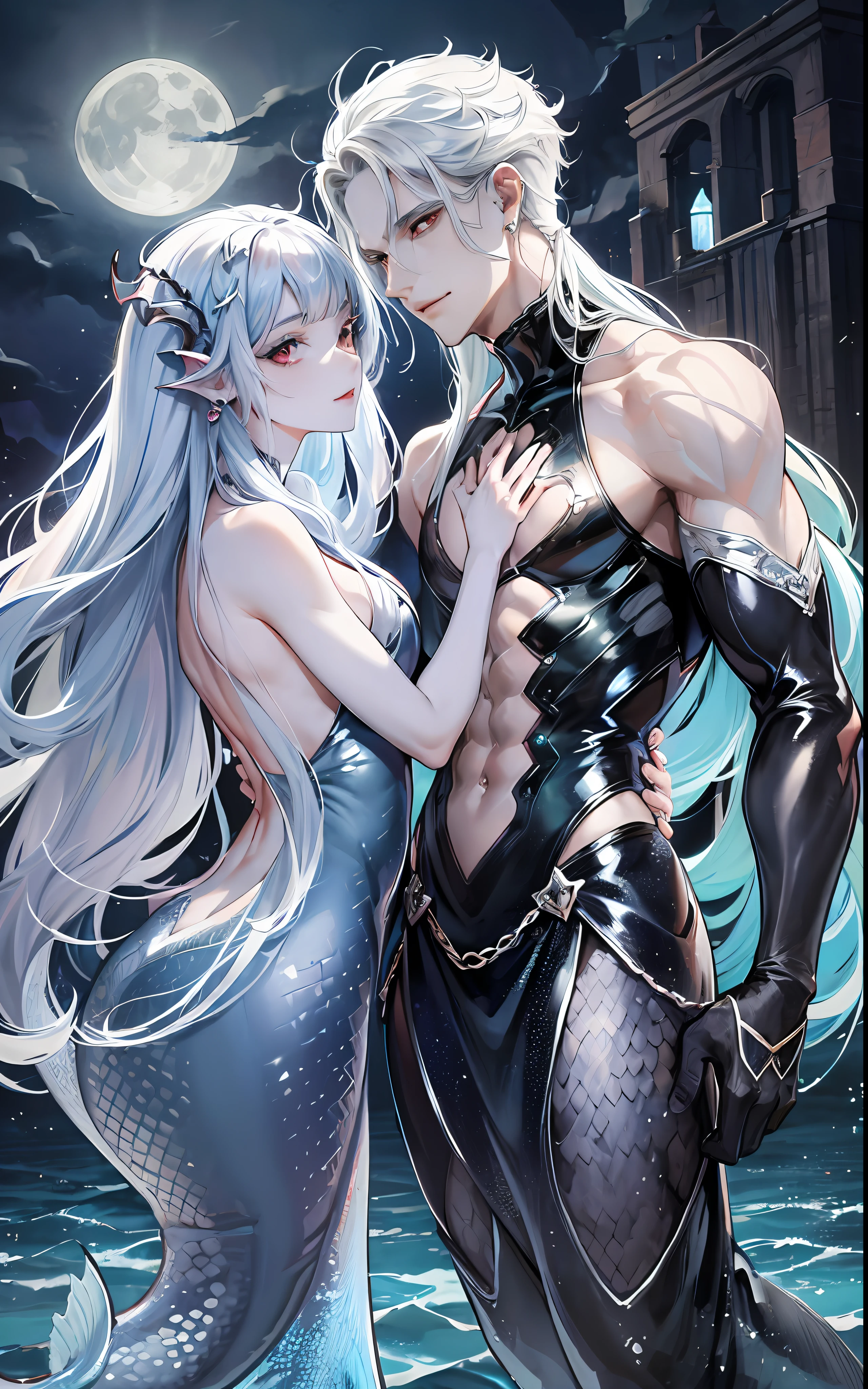 (man hugging a black-haired girl), long dress girl, masculine man, masculine face, attractive, muscular, (((1man))), masterpiece, absurdres, best quality ,intricate details, ((((full body)))), (shiny skin, shiny body, shiny oily luster skin, shiny hair, pale skintone), Sundown, attractive, ((muscular)), adult, one, earrings, Don't look at the view , Not looking at the view, silver hair man, braided hair man, perfect detailed face, perfect detailed hands, triton, fins, red eyes, triton ears, smirk, marine sea ornaments, open chest, ((long mermaid tail)), no legs, under the sea, fishes, masculine features, masculine face, (((night))), moonlight, darkness, dark light, character seen from afar