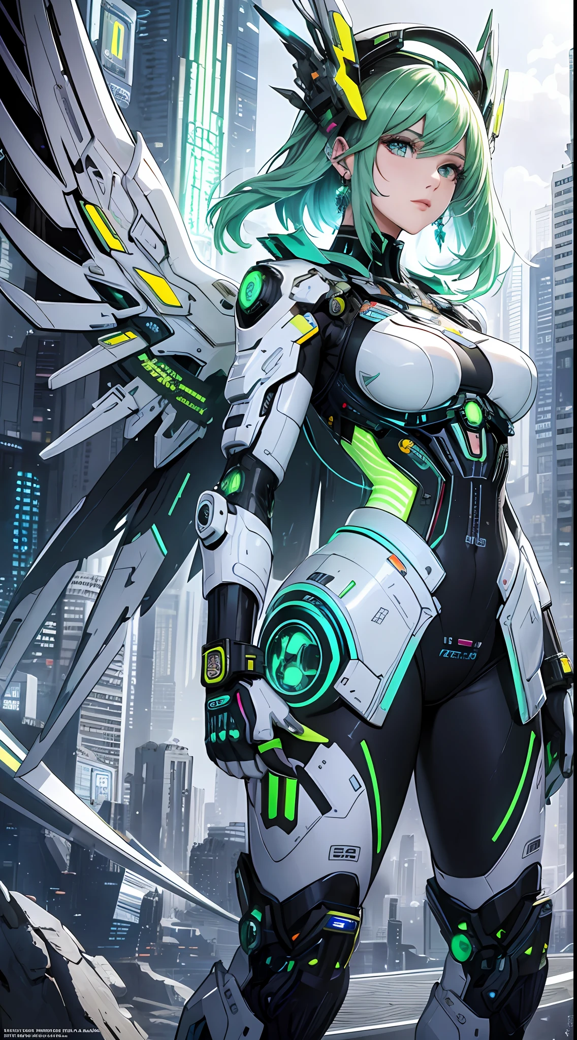 Masterpiece, super high quality, super detailed CG effect, hyperrealism 1.2, sci-fi landscape, transistor punk, cyberpunk and biopunk elements mixed, similar to magazine cover design 1.4, with off-white tones. It shows a giant female robot wearing a sun hat and earrings, with mechanical angel wings and angel wings on her back, standing in a futuristic town with a dynamic posture and angle. The small bust in the picture presents a luxurious beauty, with gold, silver and green colors, as well as neon embellishments.