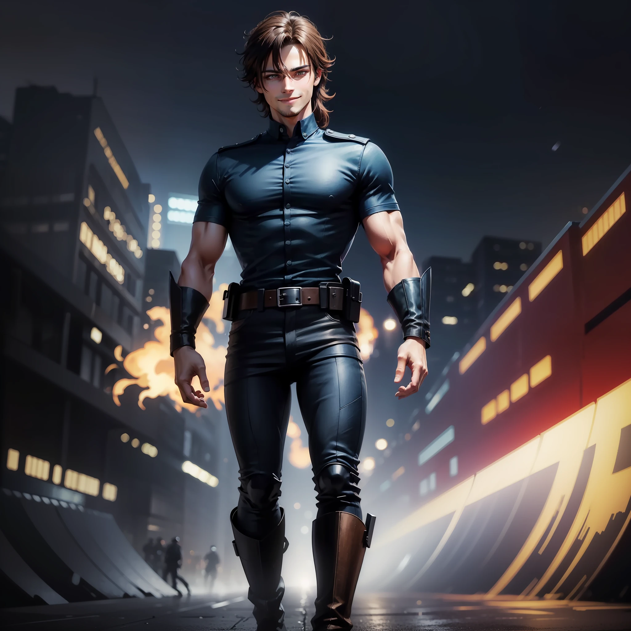 A man with medium brown hair, villain, blue eyes, dark clothes, short sleeve shirt, black pants, military boots, detailed hand, sarcastic smile, full body from head to toe, red and black neon image background